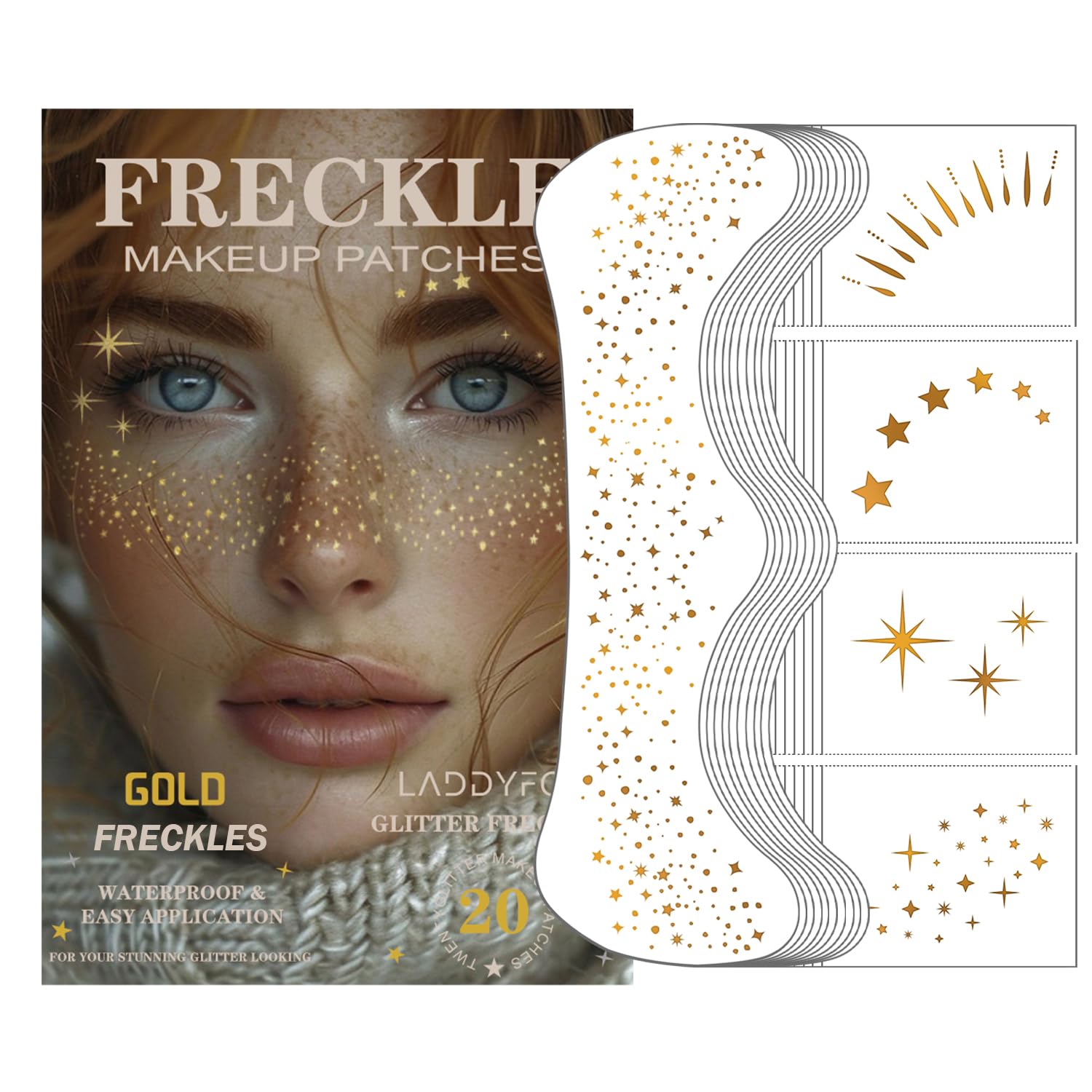 LADDYFOX 20 Pcs Gold Face Makeup Patches – Glitter Freckles, Waterproof Sparkle for Mardi Gras