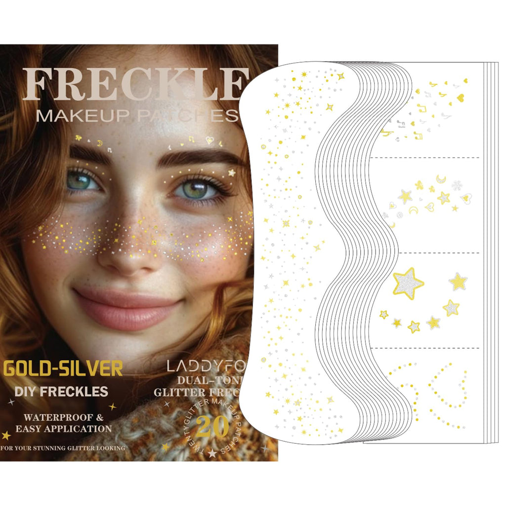 LADDYFOX 20 Pcs Gold & Silver Glitter Freckles – Waterproof DIY Face Patches