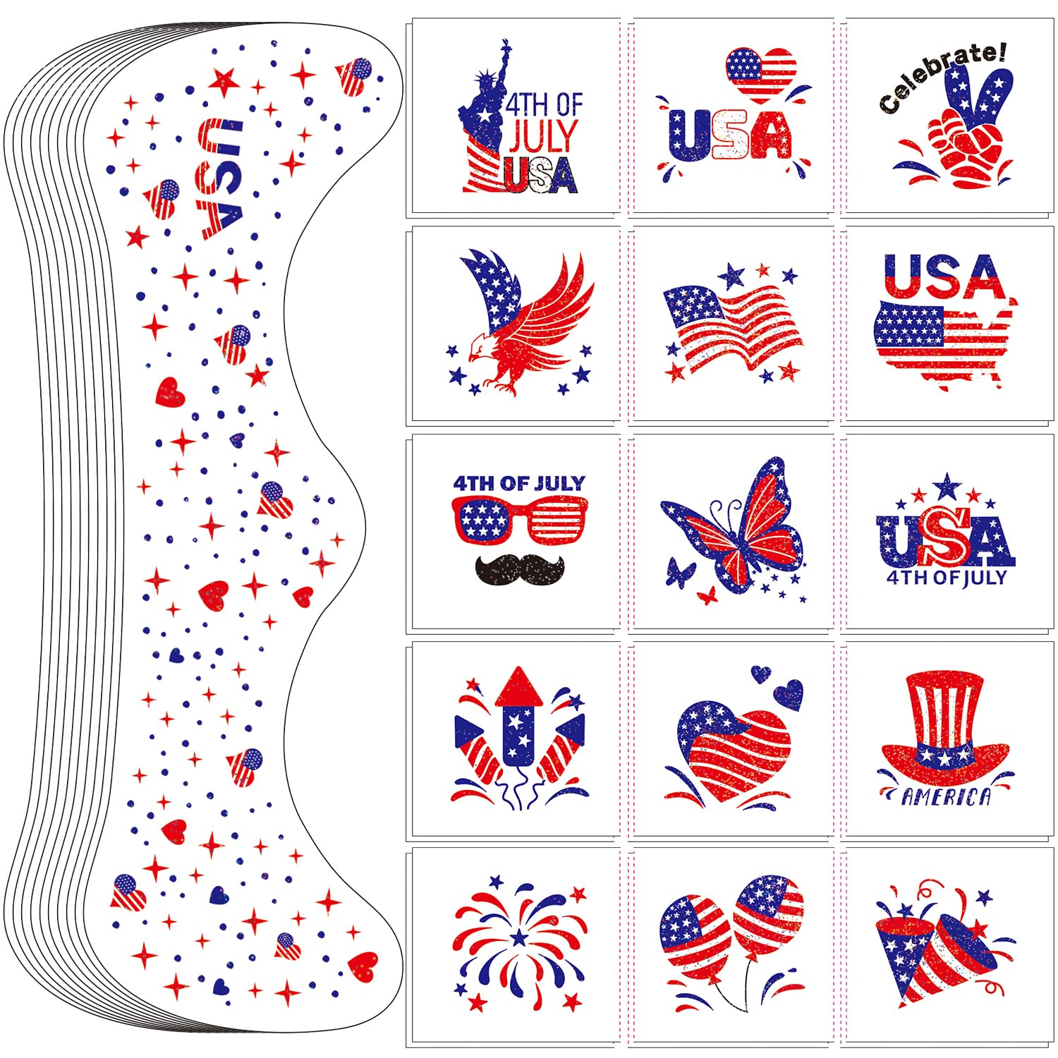 LADDYFOX 20-Piece Patriotic Glitter Face Tattoos – Waterproof Independence Day Temporary Tattoos