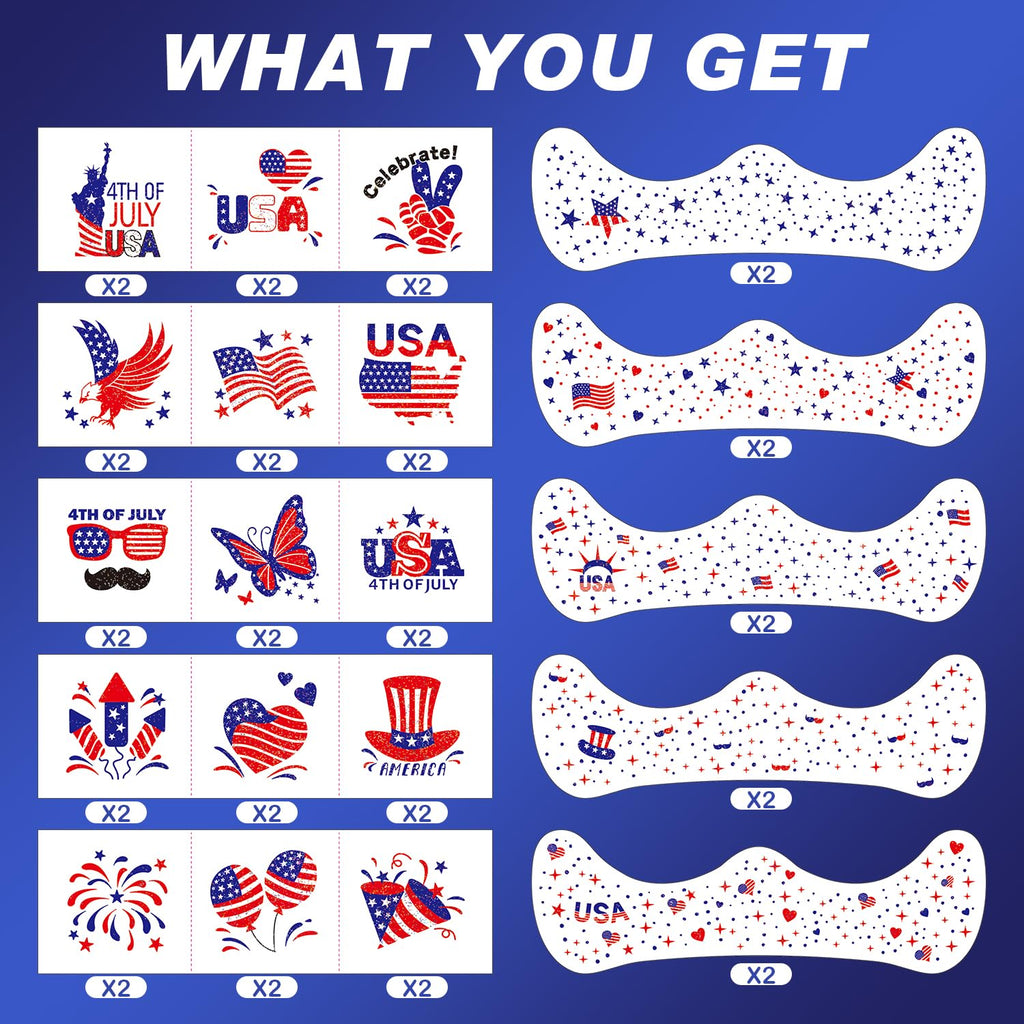 LADDYFOX 20-Piece Patriotic Glitter Face Tattoos – Waterproof Independence Day Temporary Tattoos
