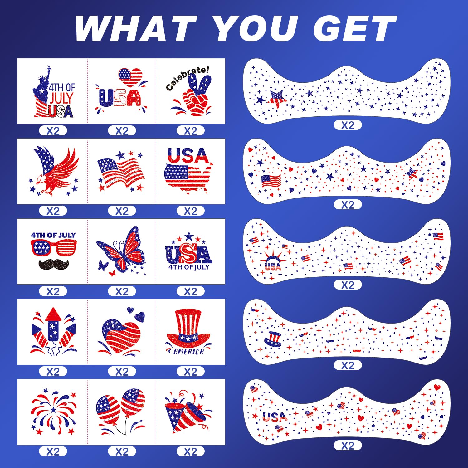 LADDYFOX 20-Piece Patriotic Glitter Face Tattoos – Waterproof Independence Day Temporary Tattoos