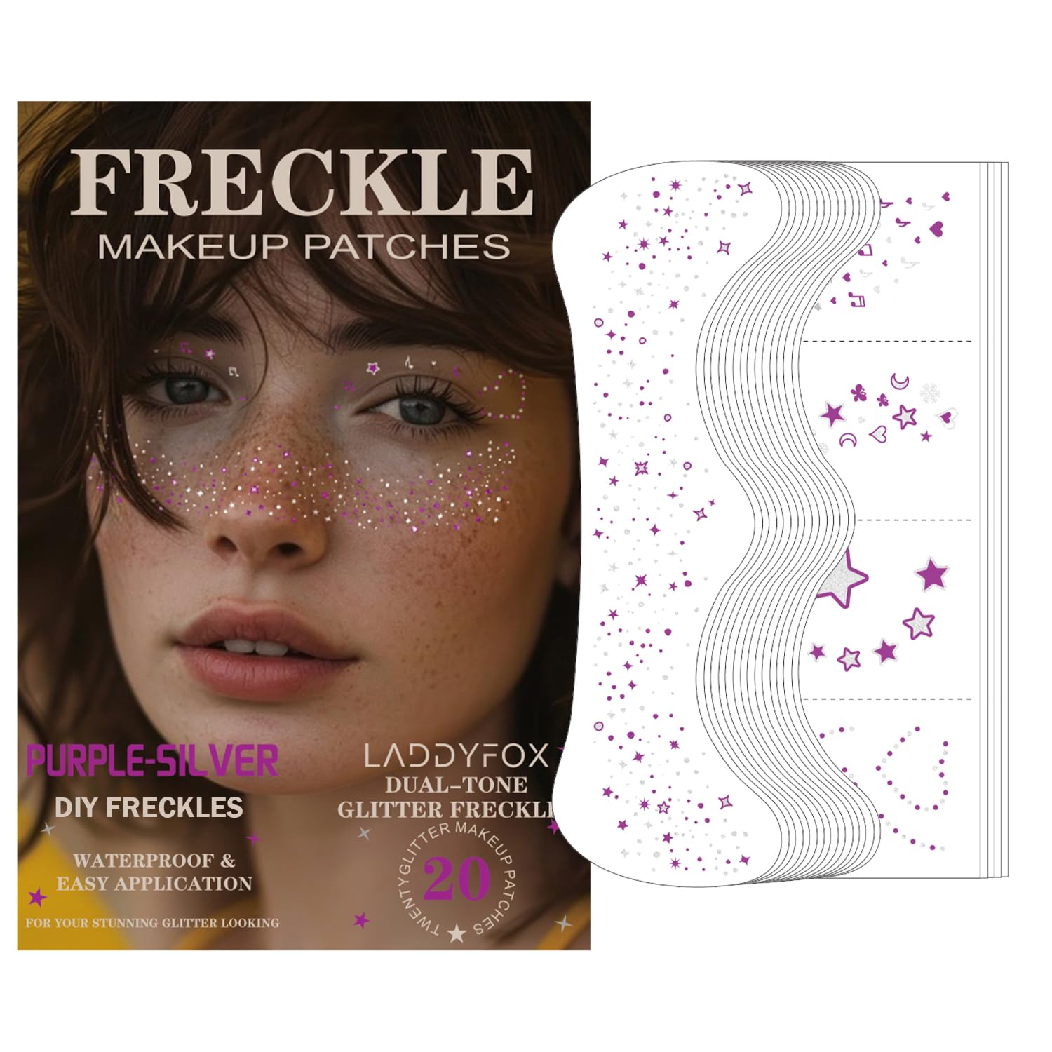 LADDYFOX 20 Pcs Purple & Silver Glitter Freckles – Waterproof, 48h Temporary Face Tattoos