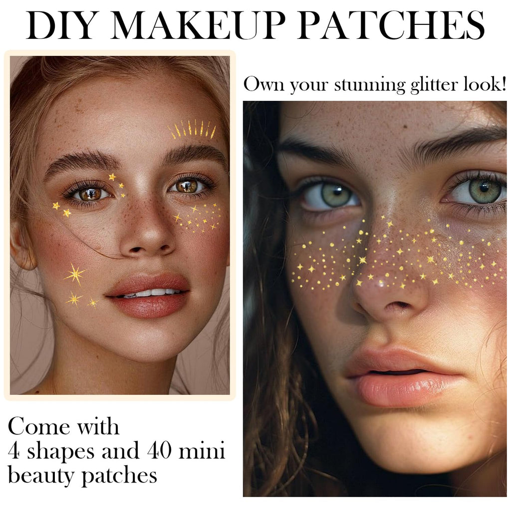 LADDYFOX 20 Pcs Gold Face Makeup Patches – Glitter Freckles, Waterproof Sparkle for Mardi Gras