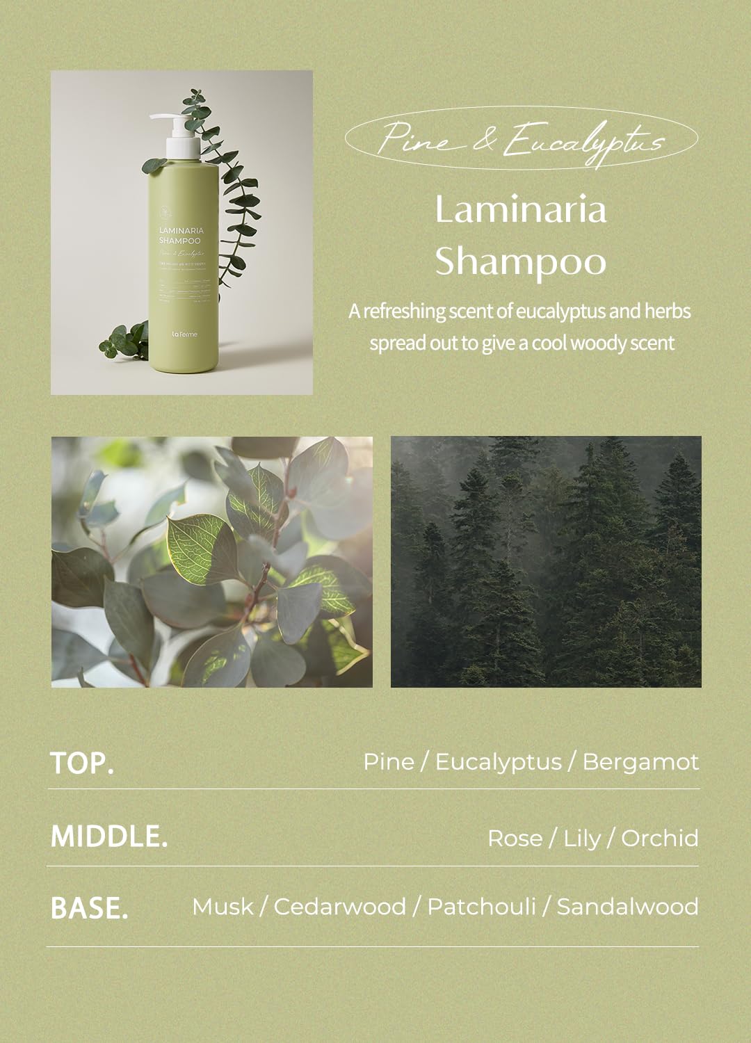 Laferme Laminaria Shampoo with Organic Ingredients – Korean Clarifying, Hydrating & Strengthening, Sulfate & Paraben-Free, 16.9 oz, Pine Eucalyptus