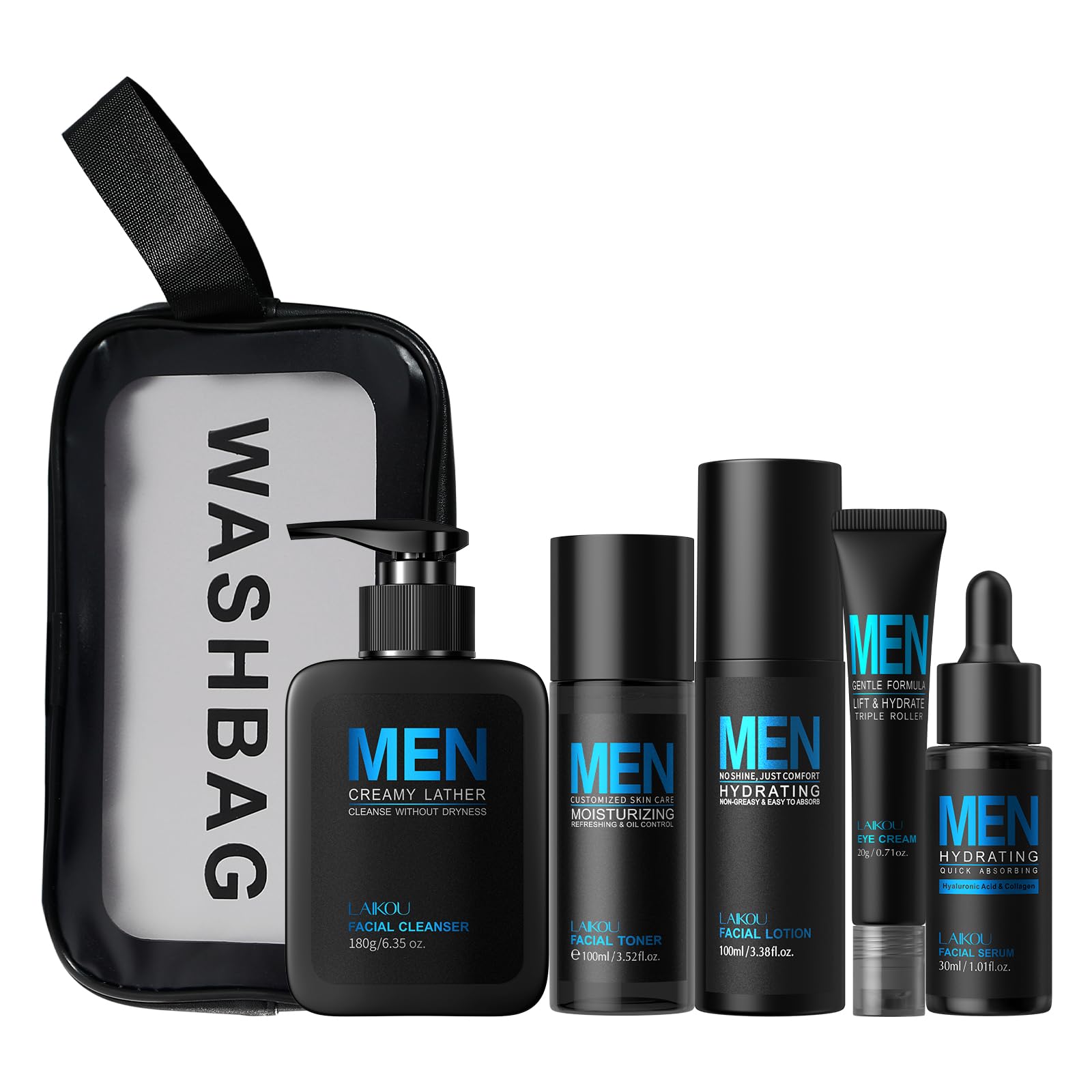LAIKOU Men Skincare Set — Cleanser, Toner, Lotion, Eye Cream, Serum Gift Kit