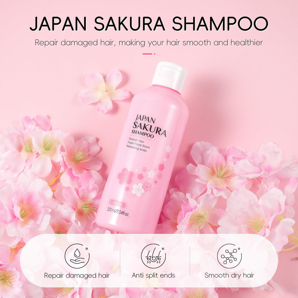 LAIKOU Sakura 3‑in‑1 Shampoo, Conditioner & Body Wash Set for Women – 3x200ml + 3x50ml Travel Size