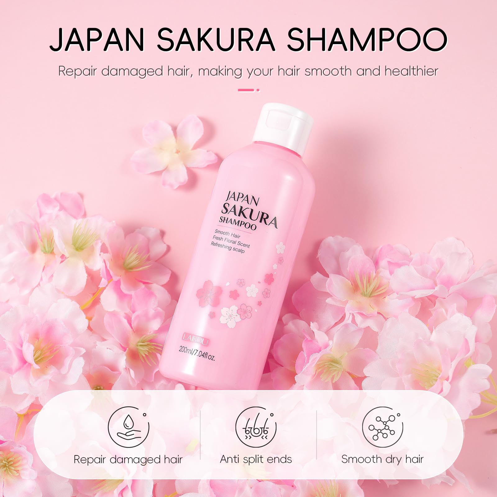 LAIKOU Sakura 3‑in‑1 Shampoo, Conditioner & Body Wash Set for Women – 3x200ml + 3x50ml Travel Size