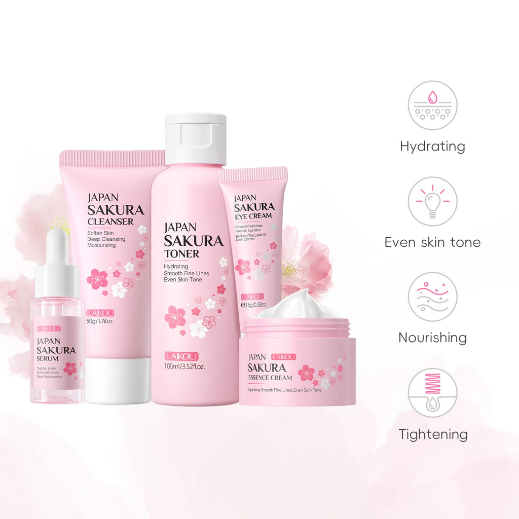 LAIKOU Sakura Skin Care Set | Face Mask, Serum, Cleanser, Toner, Eye Cream