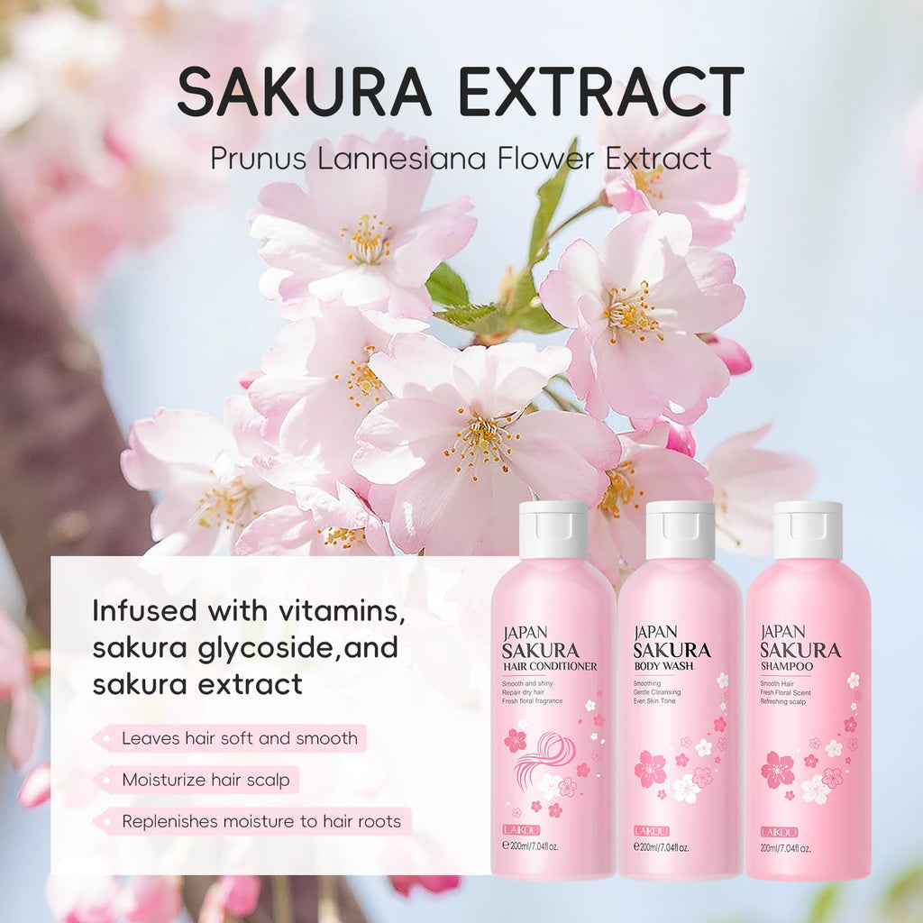 LAIKOU Sakura 3‑in‑1 Shampoo, Conditioner & Body Wash Set for Women – 3x200ml + 3x50ml Travel Size