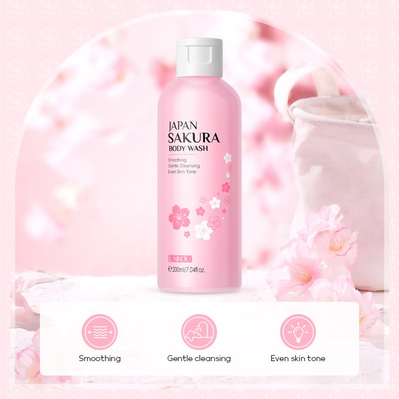 LAIKOU Sakura 3‑in‑1 Shampoo, Conditioner & Body Wash Set for Women – 3x200ml + 3x50ml Travel Size