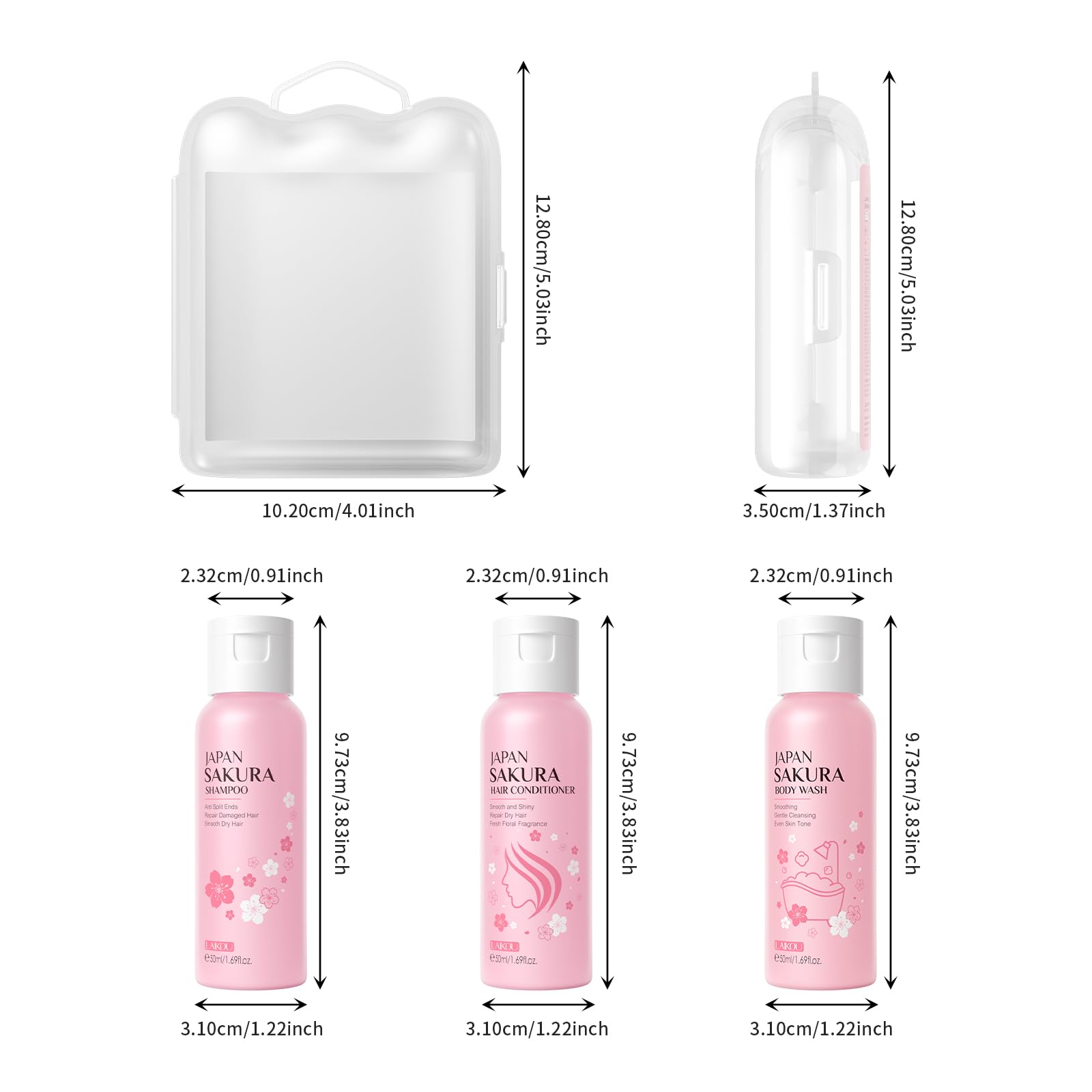 LAIKOU Sakura 3‑in‑1 Shampoo, Conditioner & Body Wash Set for Women – 3x200ml + 3x50ml Travel Size