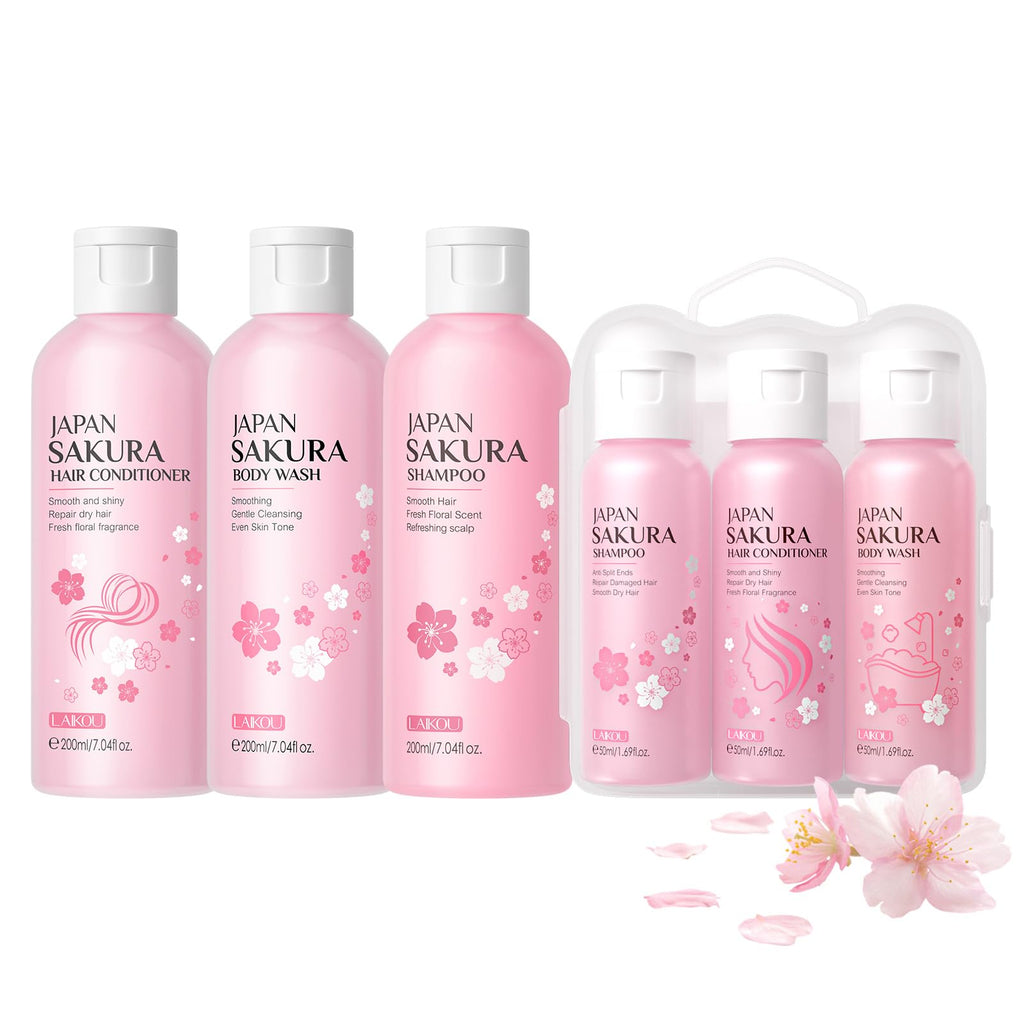 LAIKOU Sakura 3‑in‑1 Shampoo, Conditioner & Body Wash Set for Women – 3x200ml + 3x50ml Travel Size