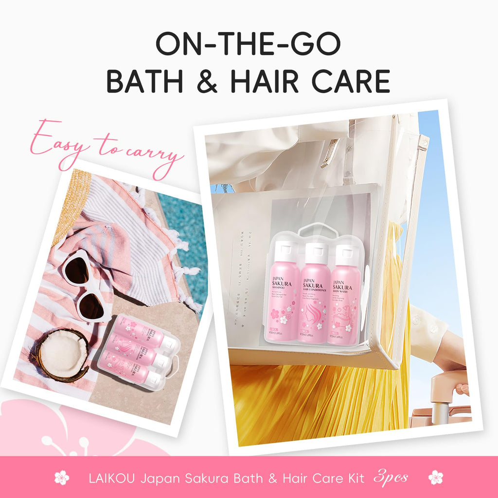 LAIKOU Sakura 3‑in‑1 Shampoo, Conditioner & Body Wash Set for Women – 3x200ml + 3x50ml Travel Size