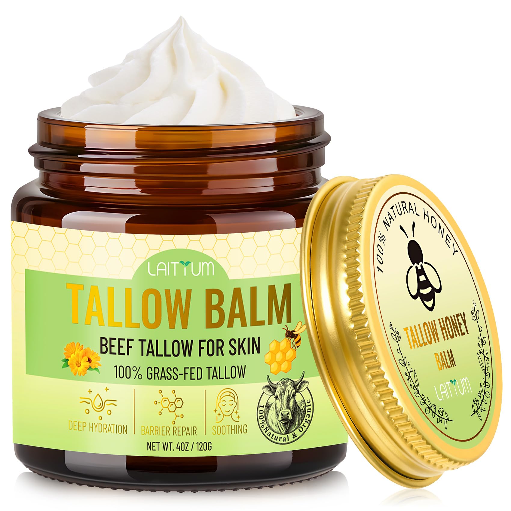 LAITYUM Beef Tallow for Skin – 4oz Organic Tallow & Honey Balm for Face & Body