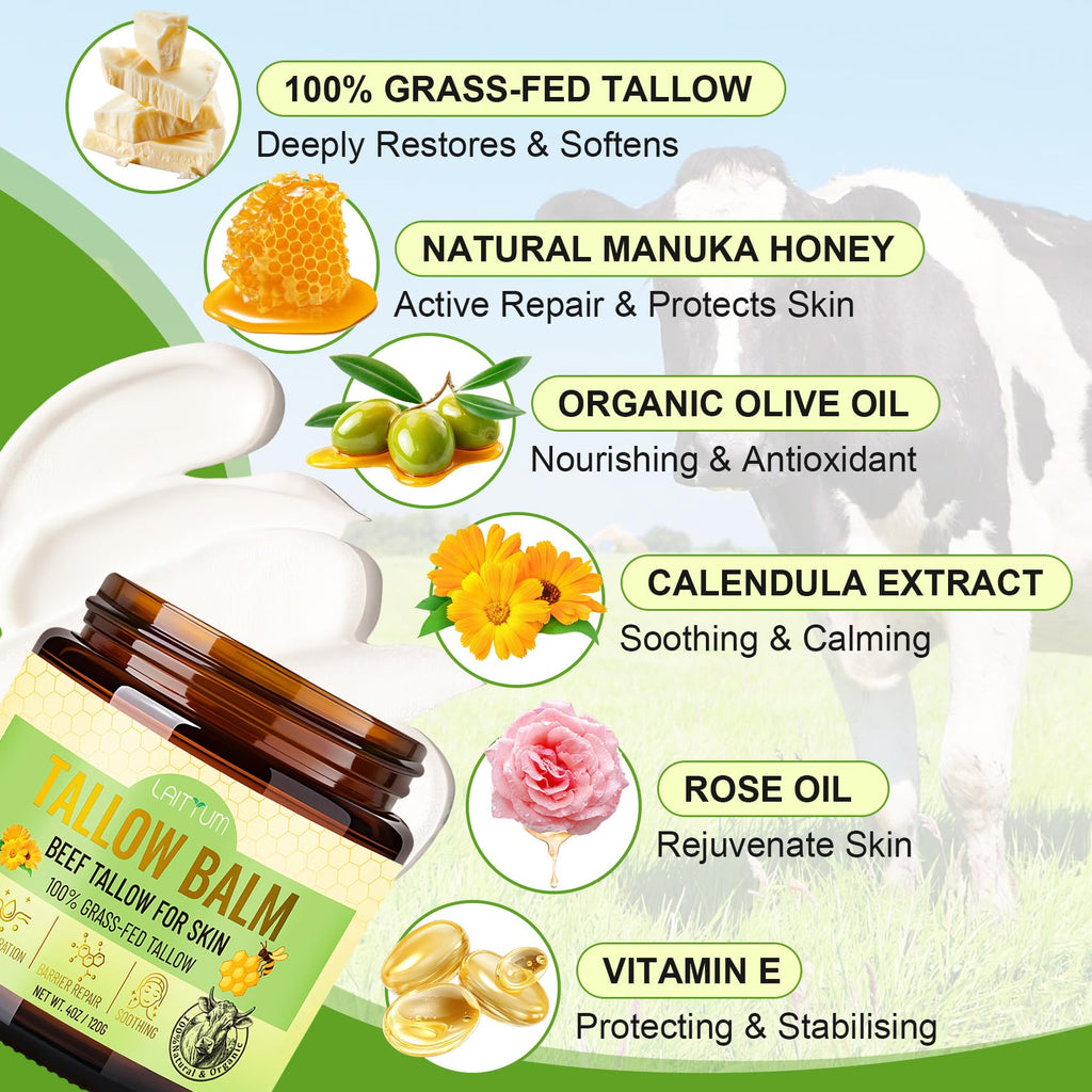 LAITYUM Beef Tallow for Skin – 4oz Organic Tallow & Honey Balm for Face & Body