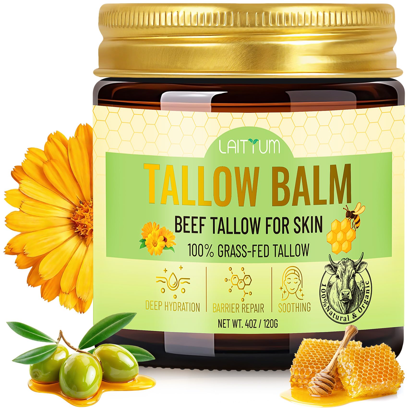 LAITYUM Beef Tallow for Skin – 4oz Organic Tallow & Honey Balm for Face & Body
