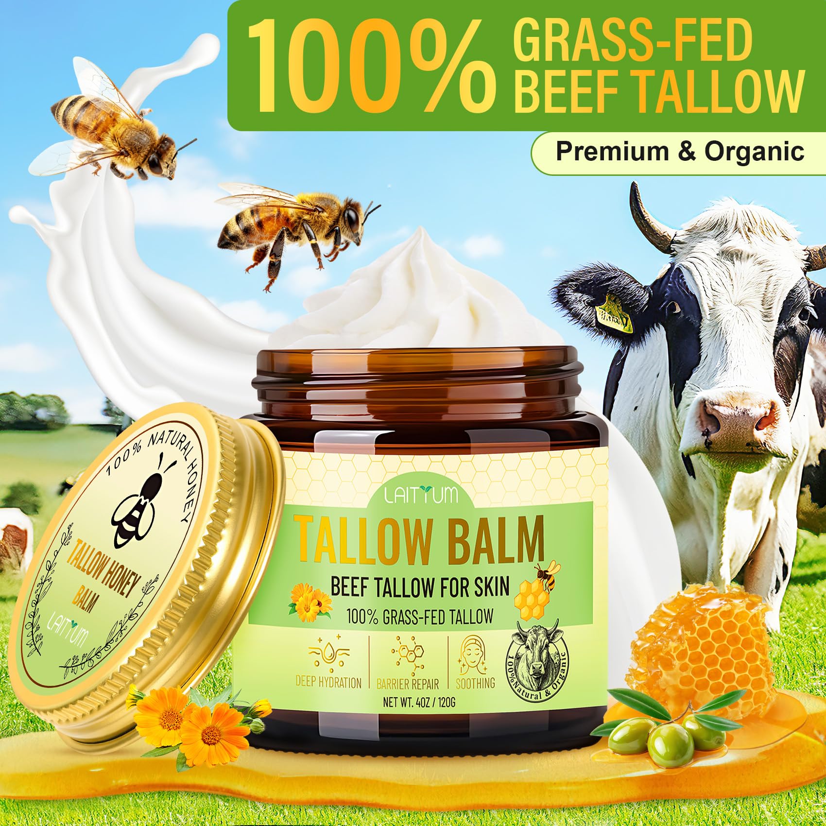 LAITYUM Beef Tallow for Skin – 4oz Organic Tallow & Honey Balm for Face & Body