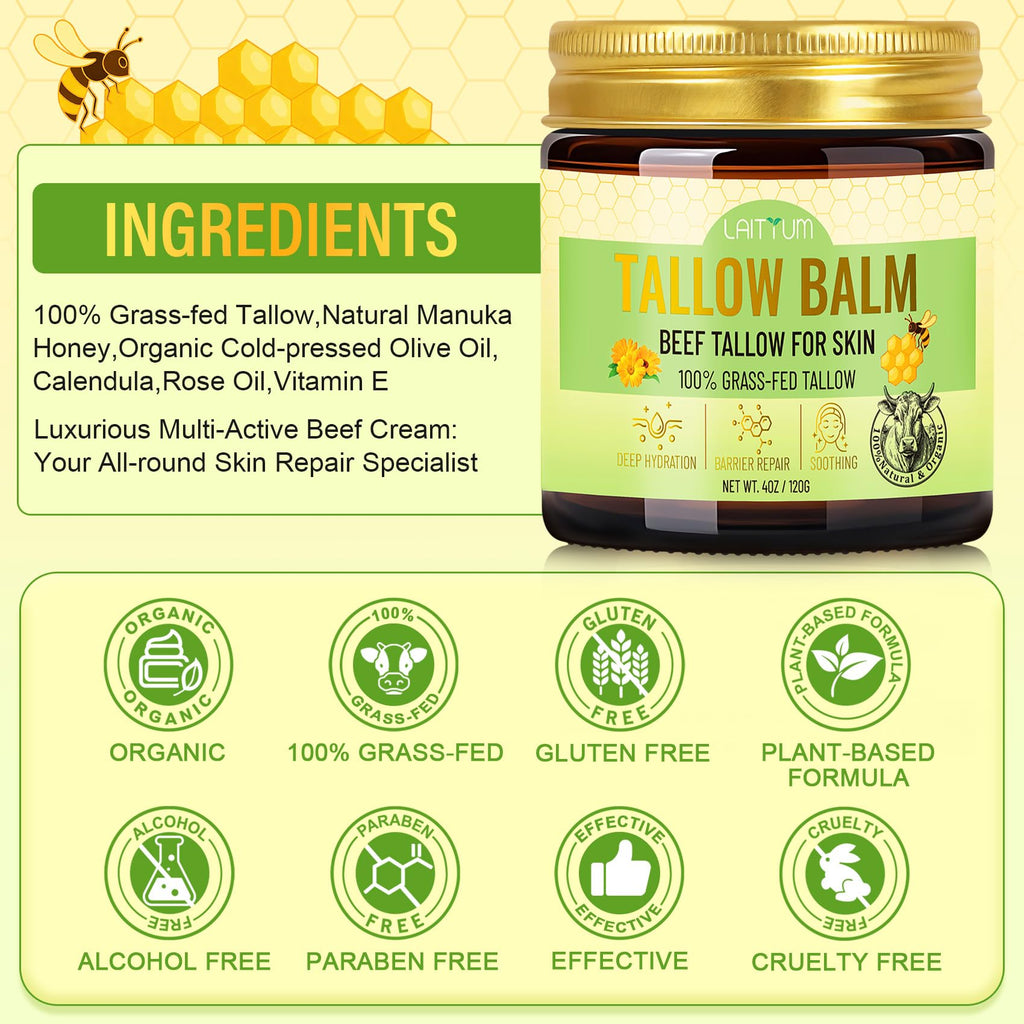 LAITYUM Beef Tallow for Skin – 4oz Organic Tallow & Honey Balm for Face & Body