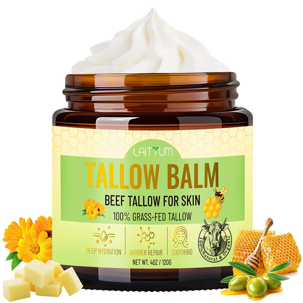 LAITYUM Beef Tallow for Skin – 4oz Organic Tallow & Honey Balm for Face & Body