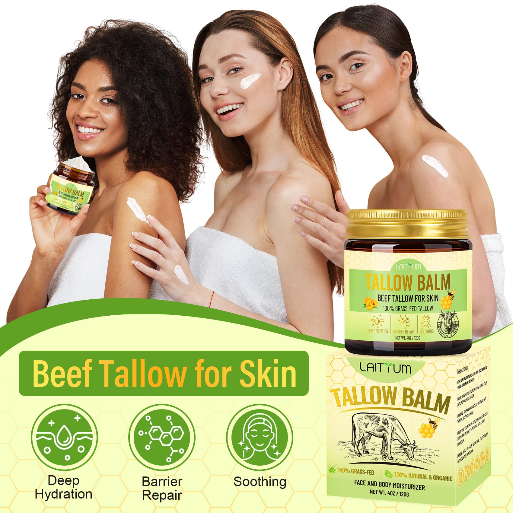 LAITYUM Beef Tallow for Skin – 4oz Organic Tallow & Honey Balm for Face & Body