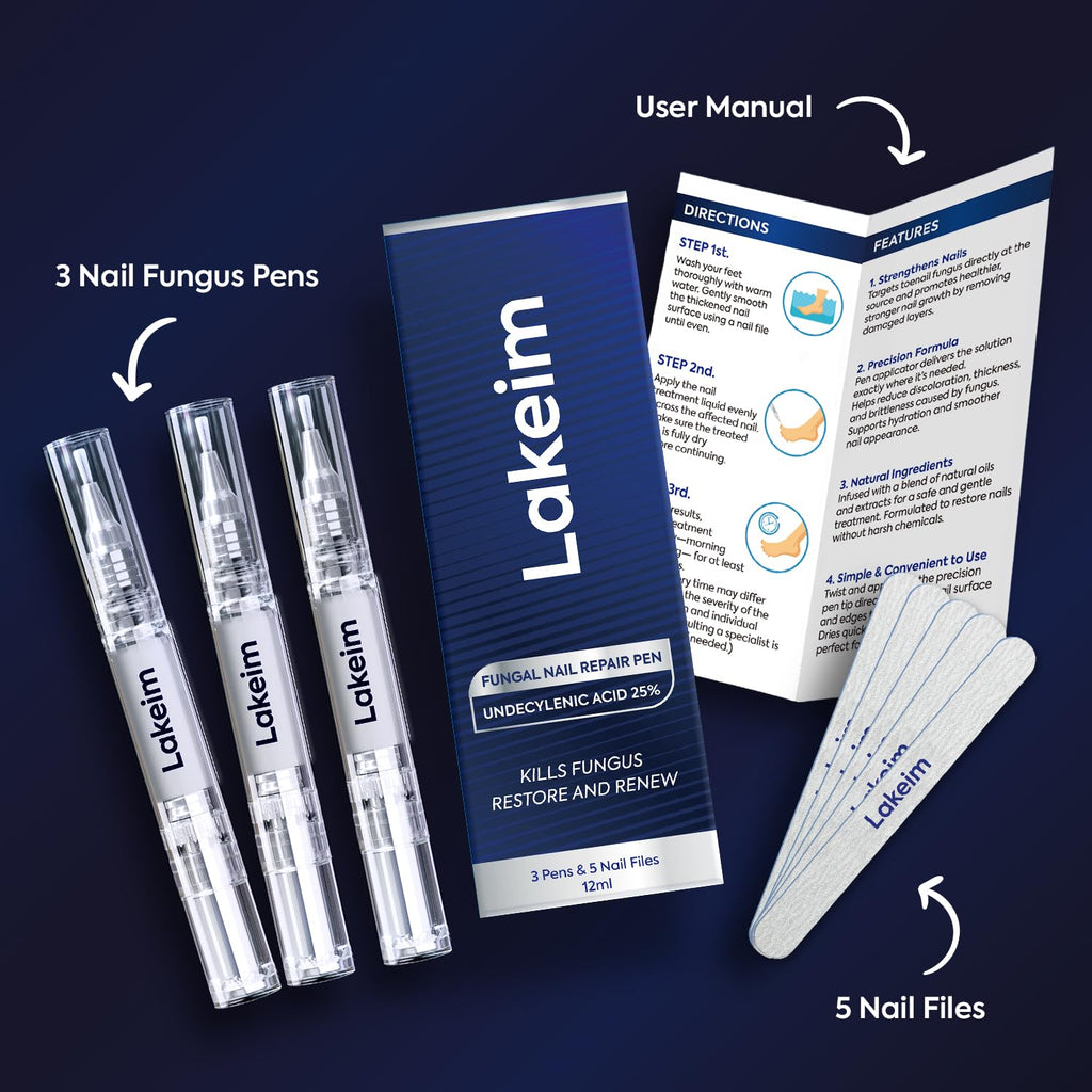 Lakeim Toenail Fungus Treatment Extra Strength – 25% Undecylenic Acid & Tea Tree Oil (3 Pens + 5 Files)