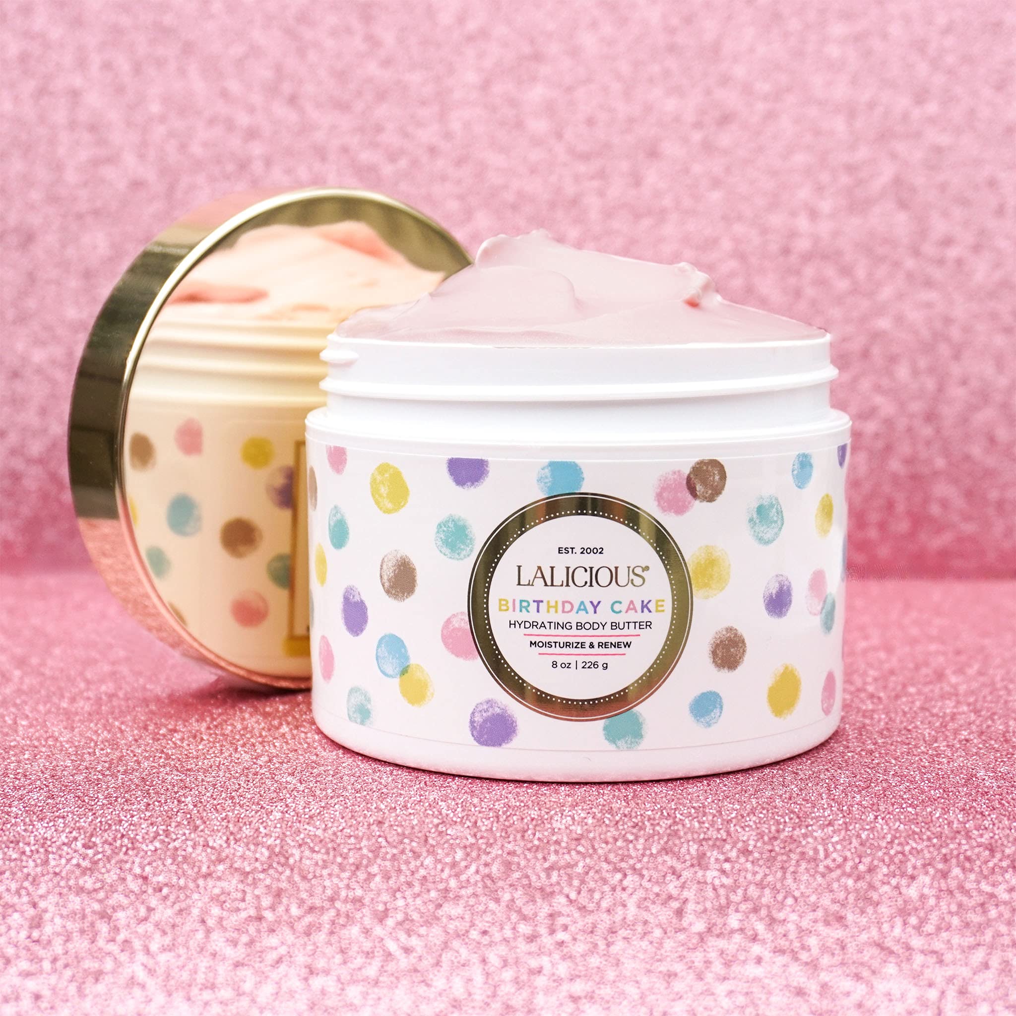 LaLicious Birthday Cake Shimmering Body Butter – Hydrating Whipped Shea, Vitamin E, Apricot Oil (8 oz)