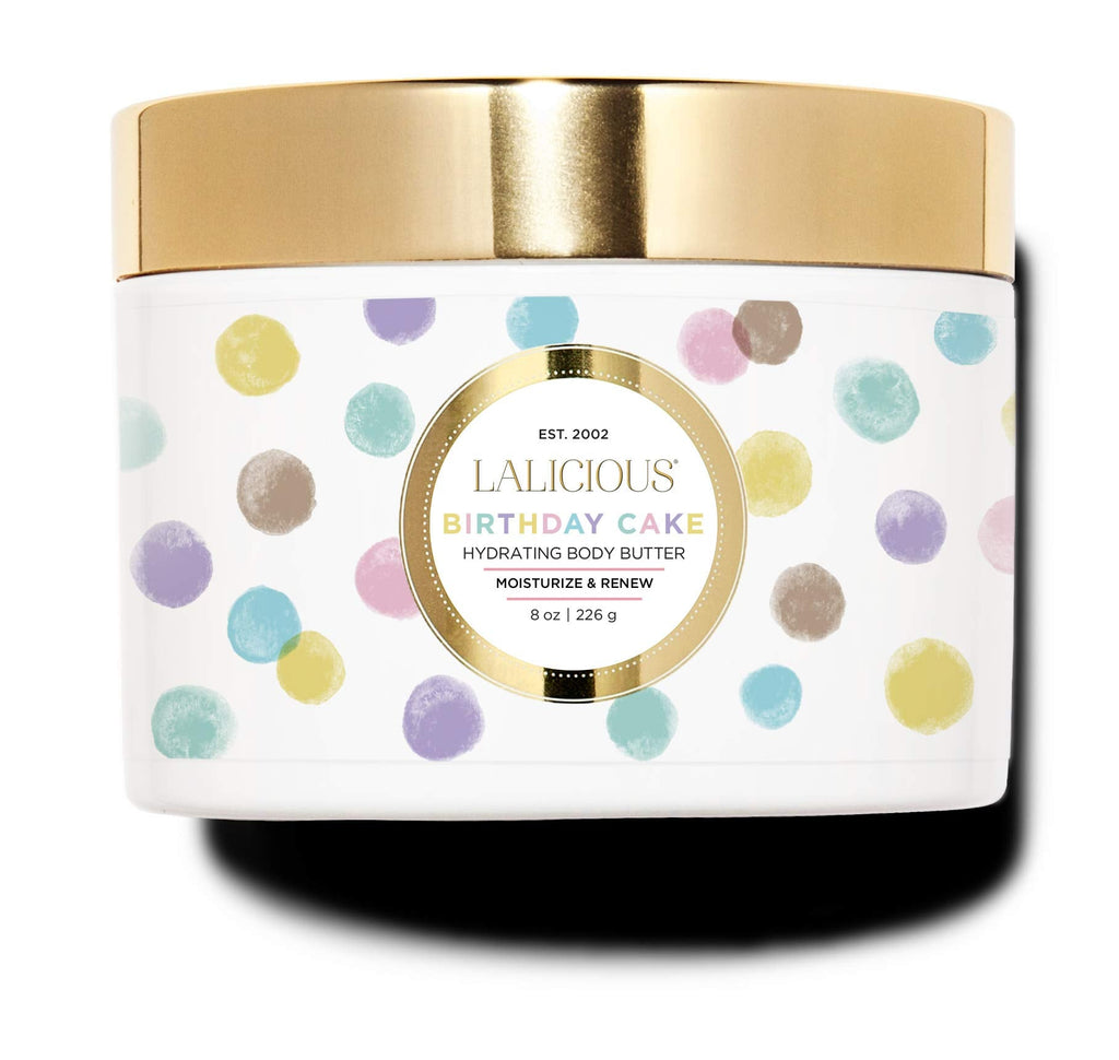 LaLicious Birthday Cake Shimmering Body Butter – Hydrating Whipped Shea, Vitamin E, Apricot Oil (8 oz)