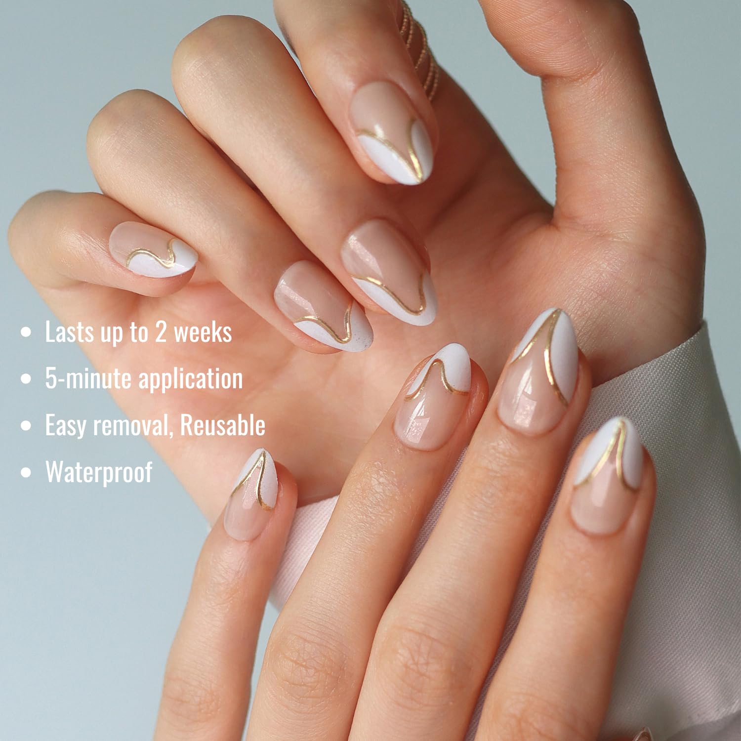 LAMIMOSA Swan Lake 32Pcs French Tip Press-On Nails Short Almond 16 Sizes