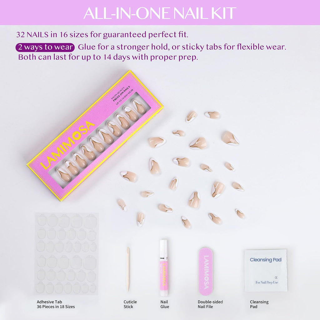 LAMIMOSA Swan Lake 32Pcs French Tip Press-On Nails Short Almond 16 Sizes