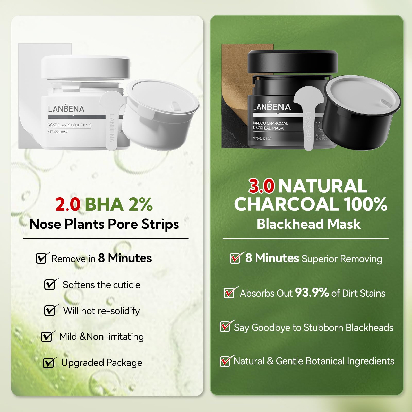 LANBENA 2-Pack Pore Strips 2.0 + Bamboo Charcoal Mask 3.0 – 2% BHA, White Clay, Oil Control
