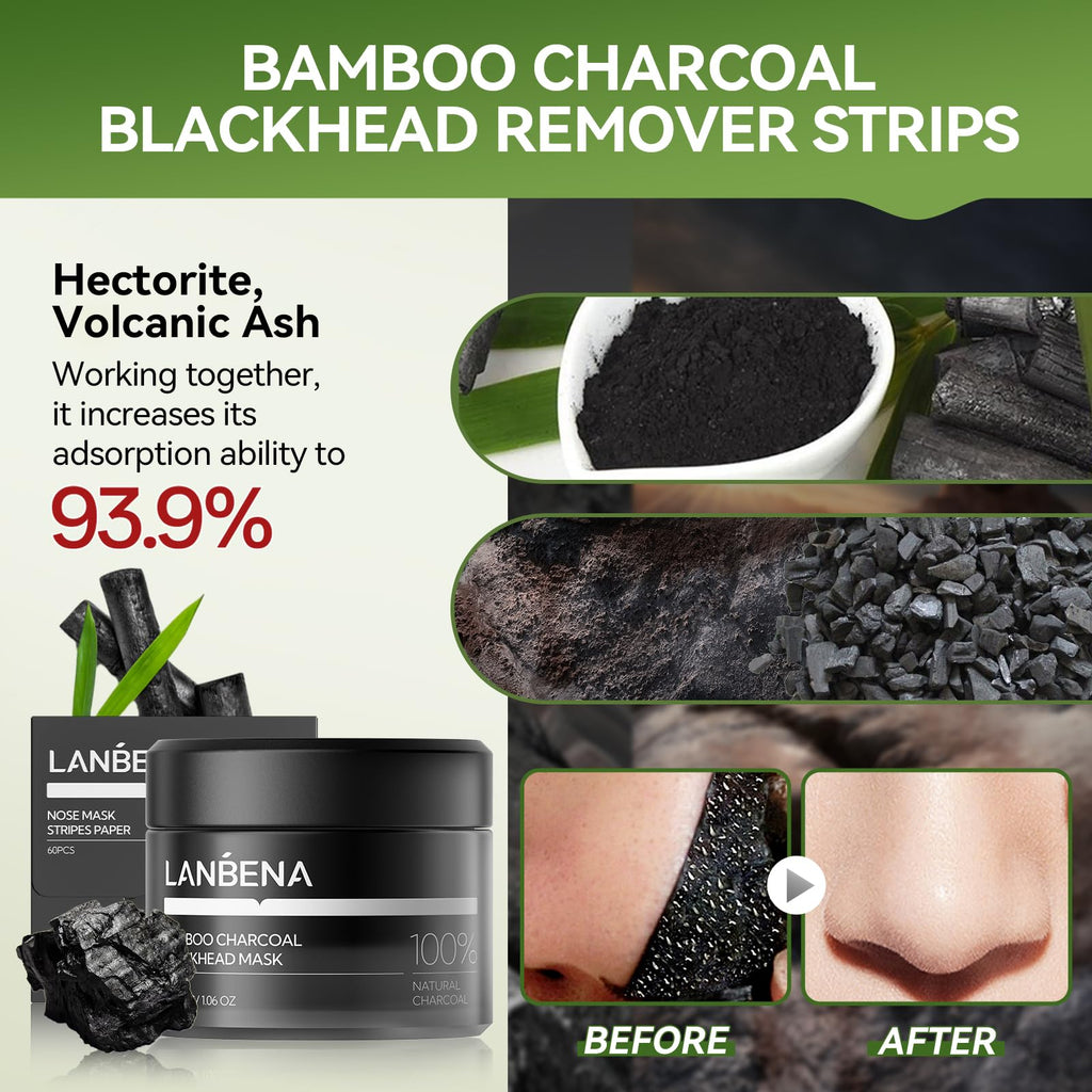 LANBENA Bamboo Charcoal Blackhead Mask & Nose Strips – Deep Pore Cleansing (60 Pcs)