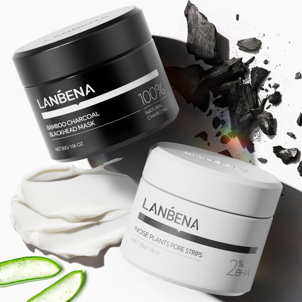 LANBENA 2-Pack Pore Strips 2.0 + Bamboo Charcoal Mask 3.0 – 2% BHA, White Clay, Oil Control