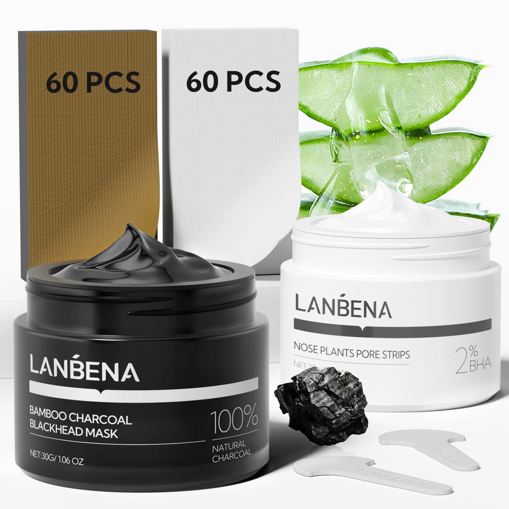 LANBENA 2-Pack Pore Strips: 2% Salicylic Acid Nose Strips + Bamboo Charcoal Mask