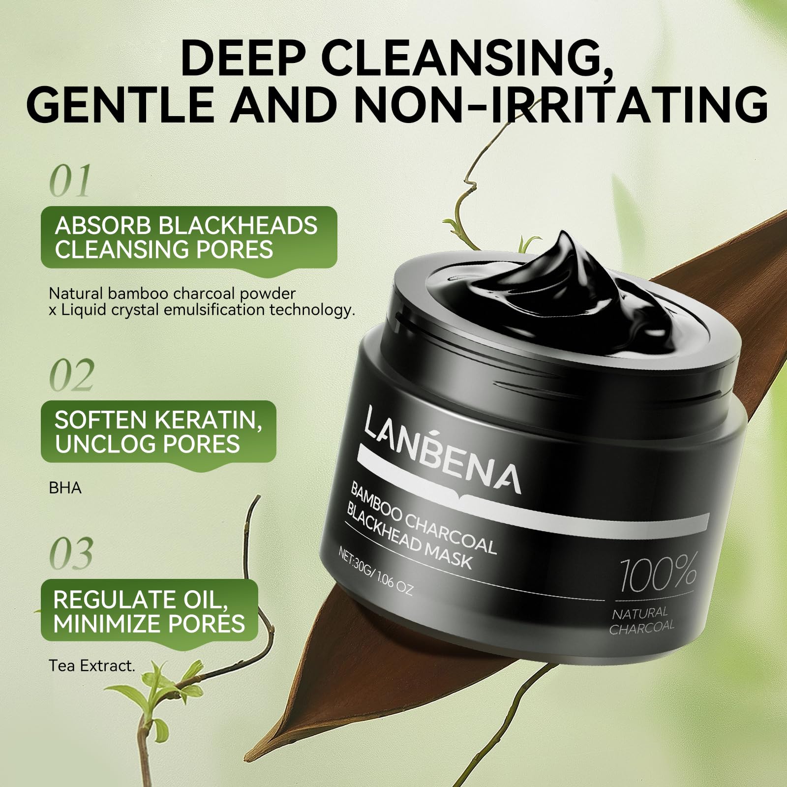 LANBENA Bamboo Charcoal Blackhead Mask & Nose Strips – Deep Pore Cleansing (60 Pcs)