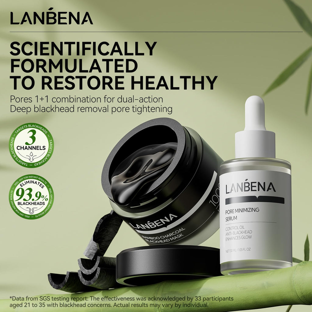 LANBENA 3-in-1 Blackhead Removal Set — Bamboo Charcoal Pore Strips, Pore Minimizing Serum & Removal Papers
