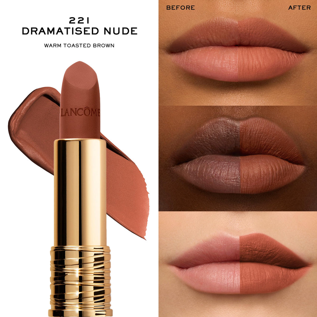 Lancôme L’Absolu Rouge Drama Matte Lipstick – Ultra Matte Finish, 8HR Full Coverage, Ceramides & Hyaluronic Acid, Rose Extracts, Smudge-Resistant (Shade 221)
