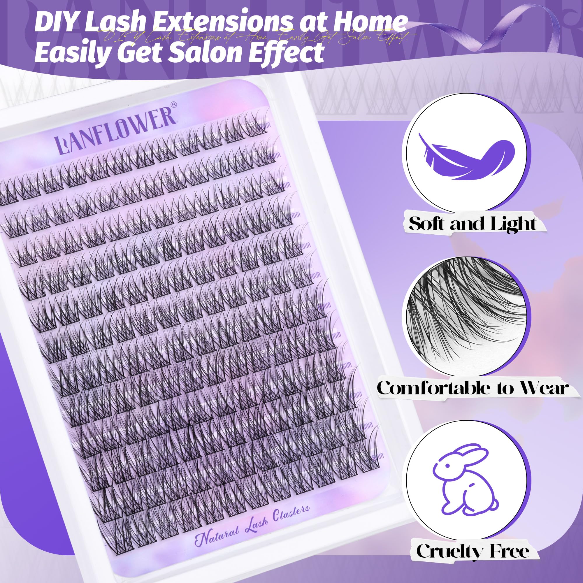 Lanflower Lash Extension Kit | Natural Lash Clusters & Wispy C-Curved Lashes
