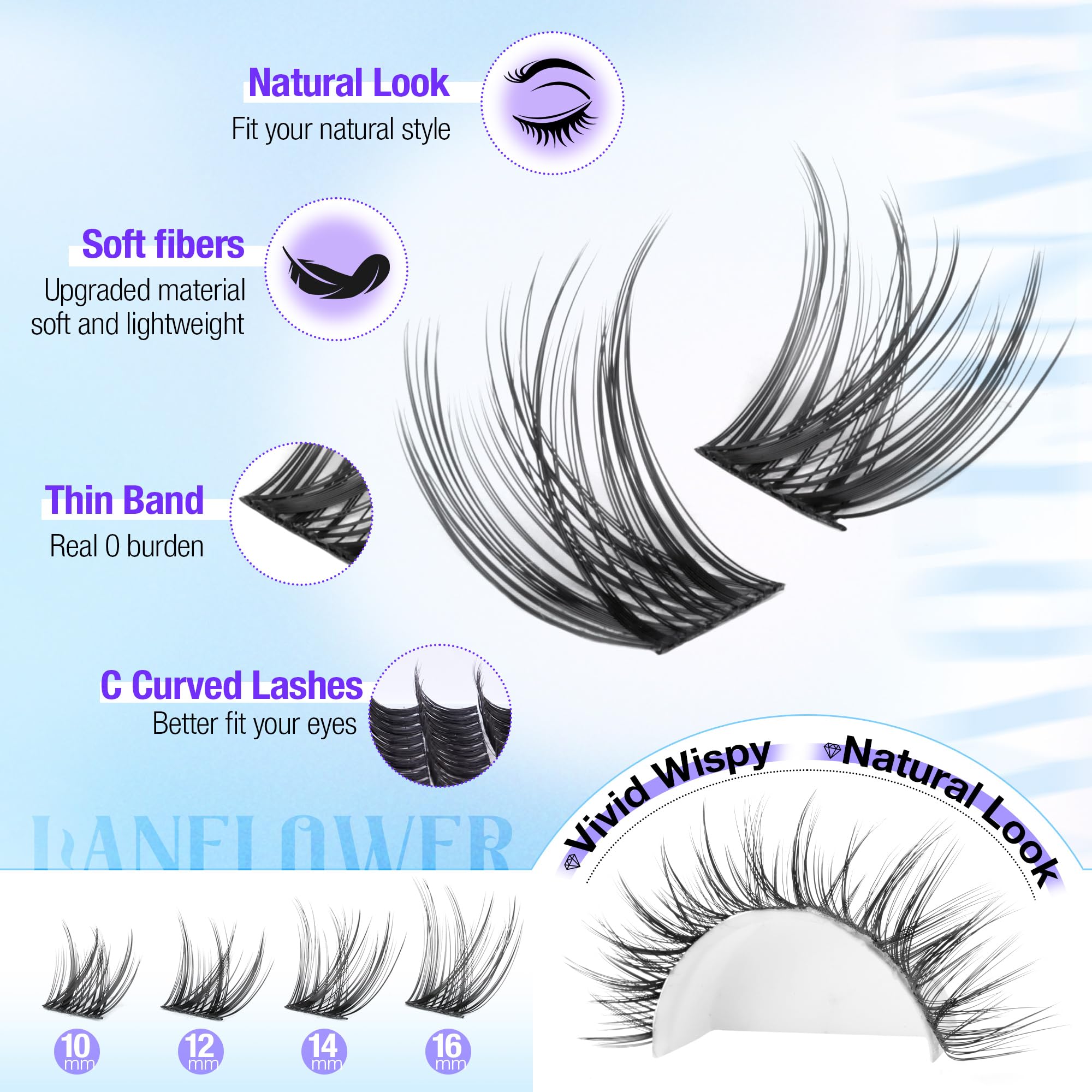 Lanflower Natural Lash Clusters Kit 10-16mm | Wispy Extensions with Bond, Seal & Remover