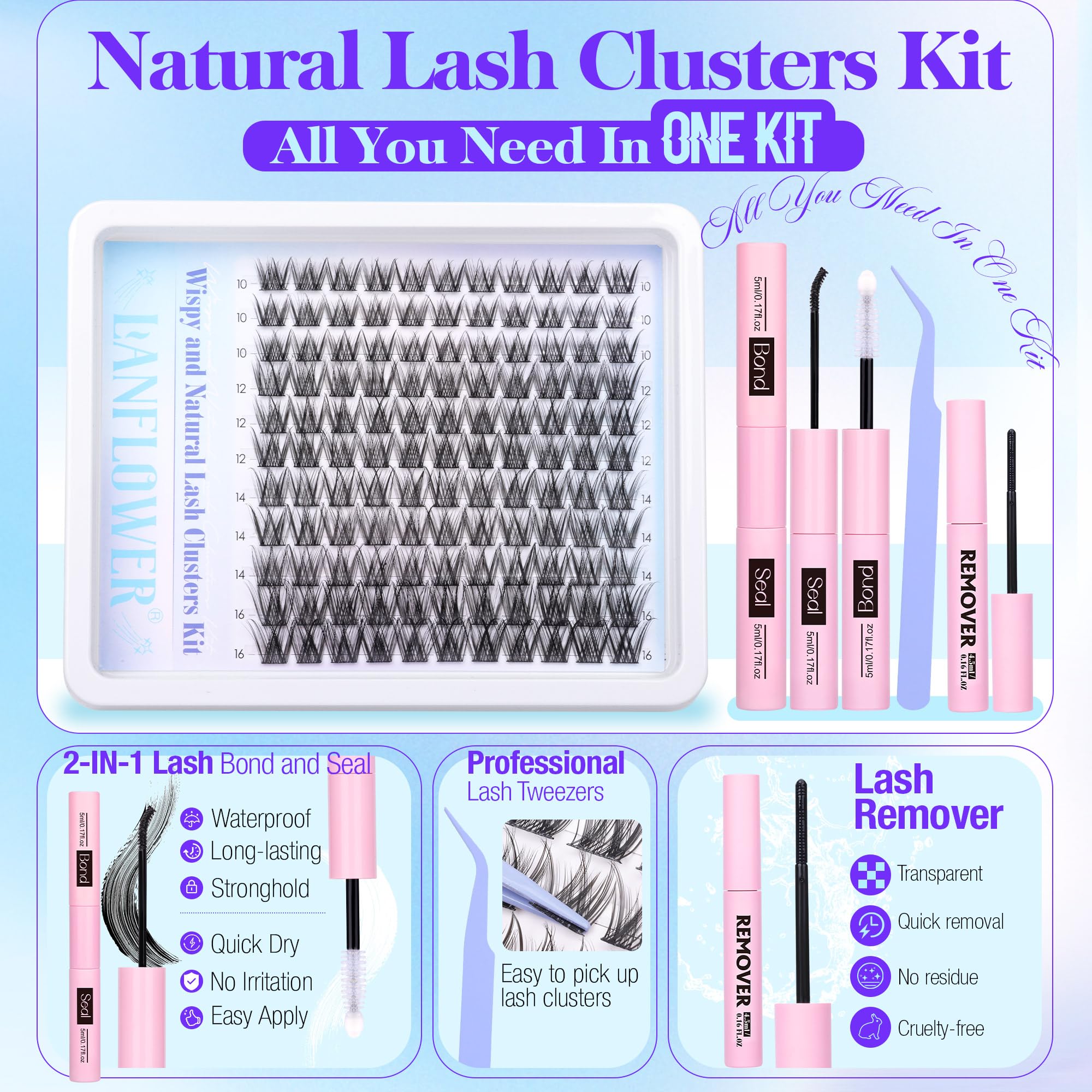 Lanflower Natural Lash Clusters Kit 10-16mm | Wispy Extensions with Bond, Seal & Remover