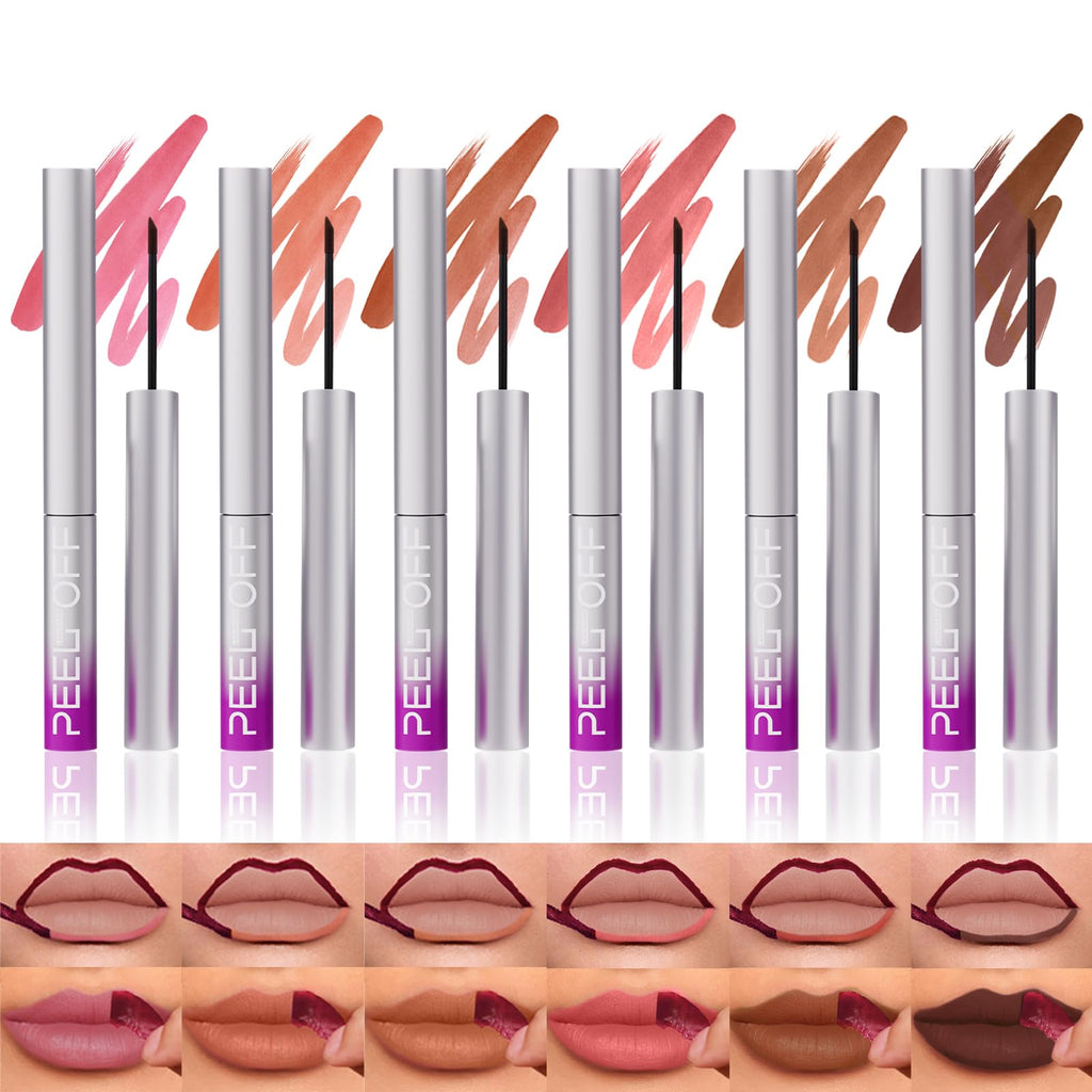 LANGMANNI 6Pcs Peel-Off Lip Liner Set – Long-Lasting Matte Lip Liners with Ergonomic Handle and Precision Brush
