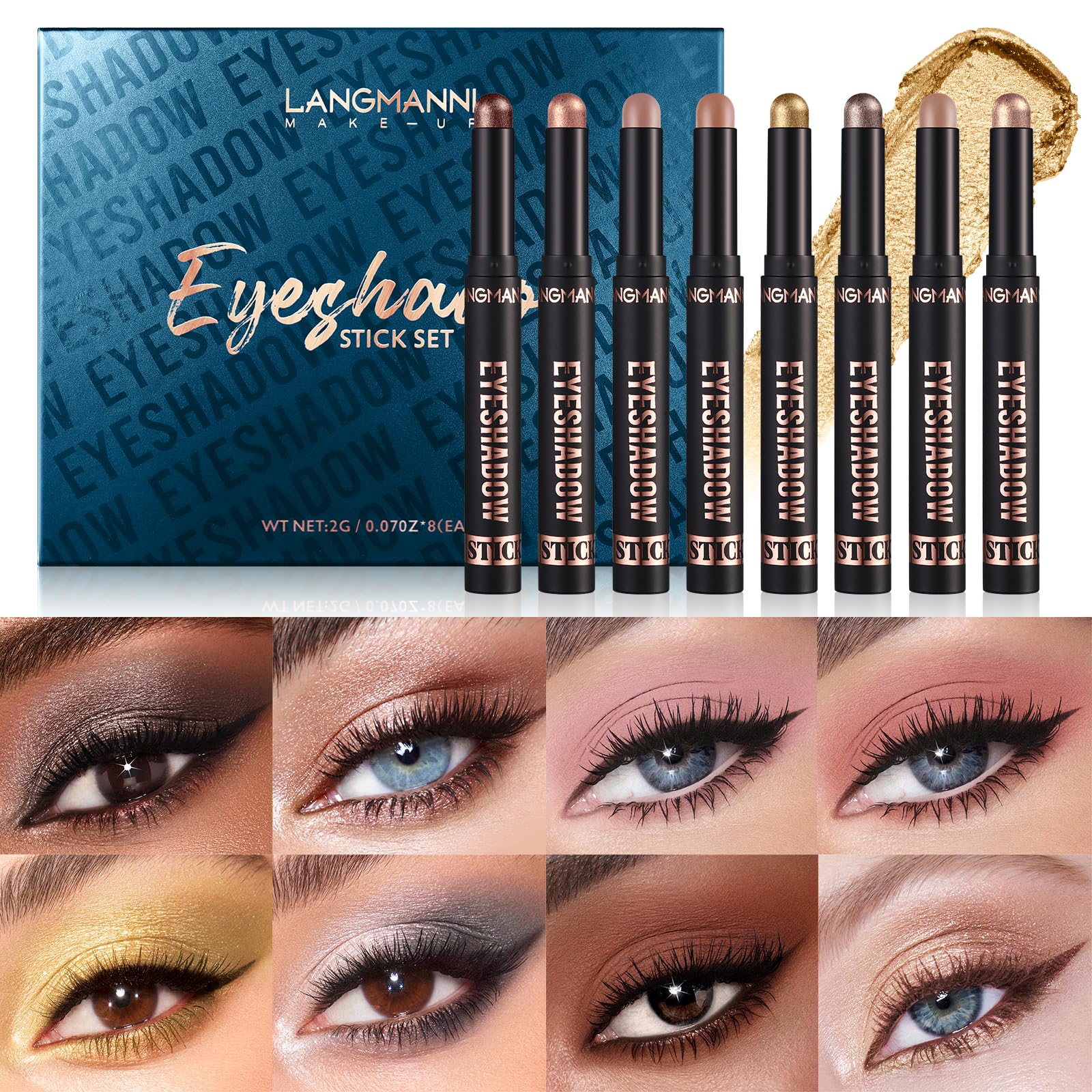 LANGMANNI 8-Piece Soft Smooth Cream Eyeshadow Stick Gift Set - Matte Earth & Bright Metal, Waterproof & Long-Lasting