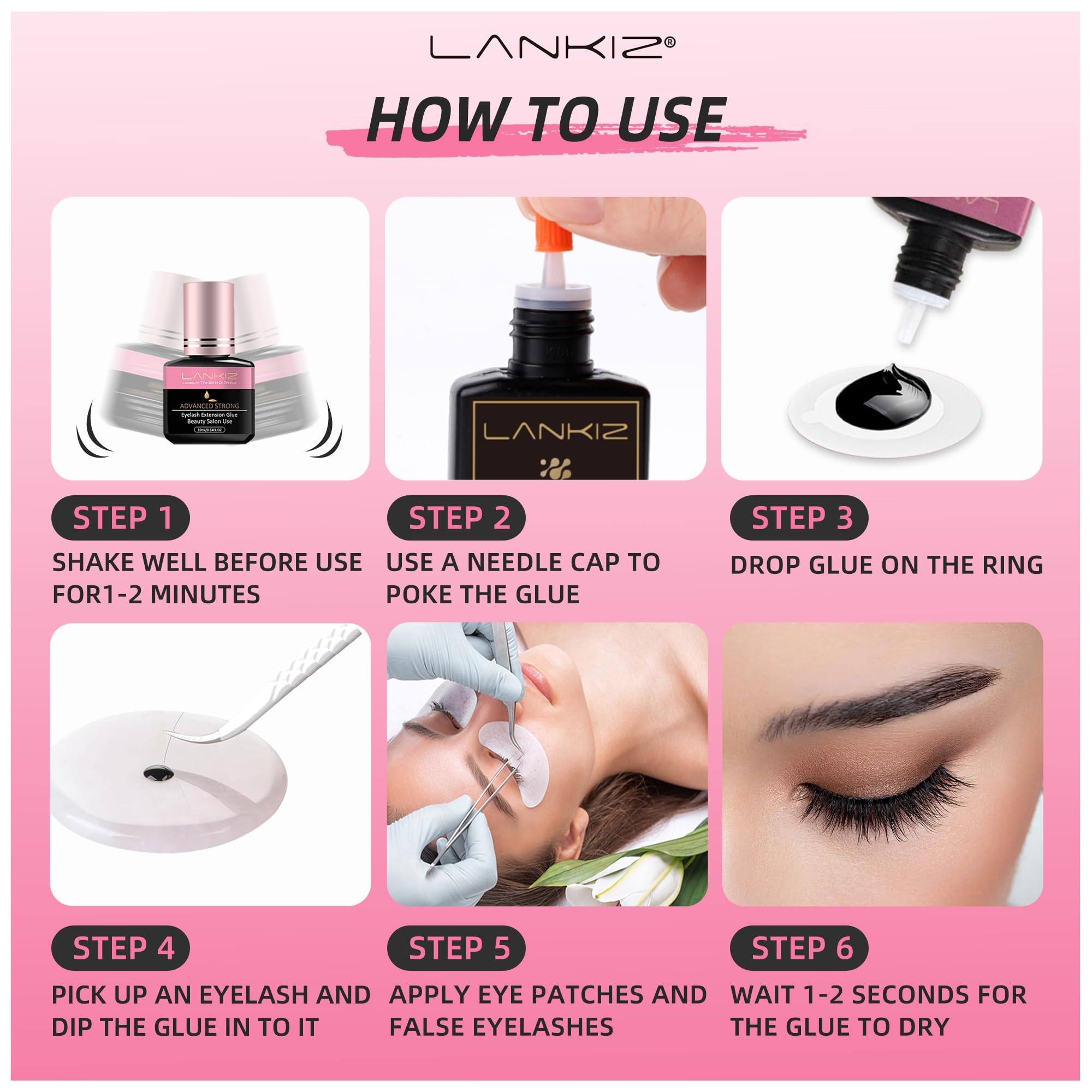 LANKIZ Strong Lash Extension Glue — 1 Sec Fast Dry, 6-8 Weeks Retention, 10ml, Low Fume