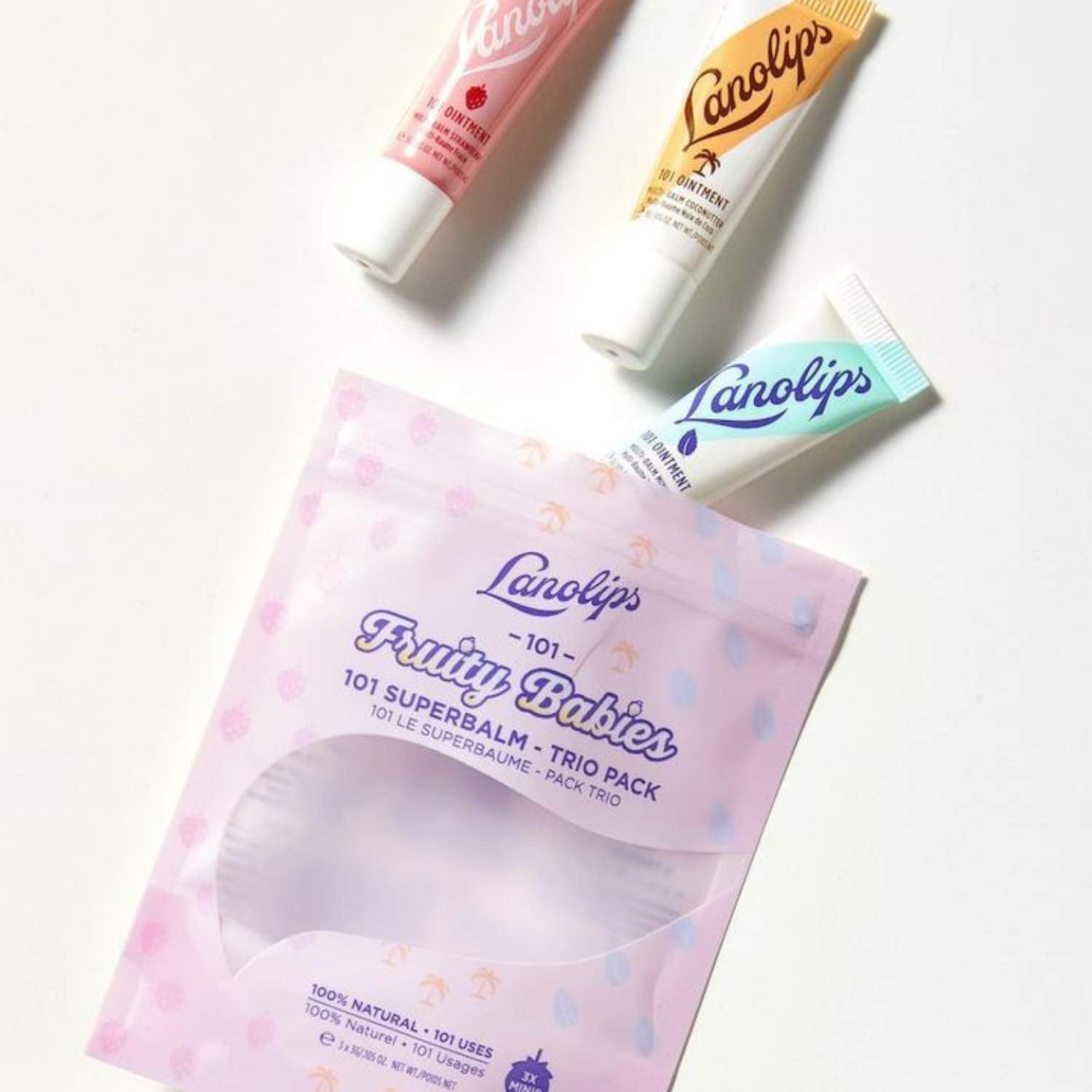 Lanolips 101 Fruity Babies Trio – Hydrating Gift Set (Strawberry, Coconutter, Minty) | Cruelty-Free 3x3g