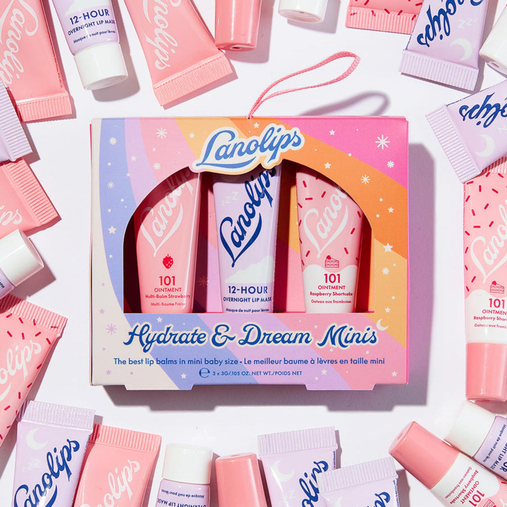 Lanolips Hydrate & Dream Minis Gift Set | Strawberry & Raspberry 101 Ointments + 12H Overnight Lip Mask