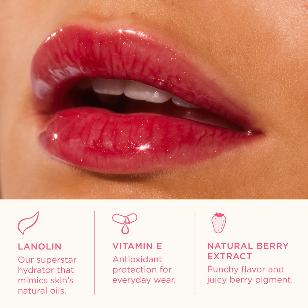 Lanolips Glossybalm Berry – Ultra Hydrating Tinted Lip Gloss with Lanolin, Vitamin E & Shimmer