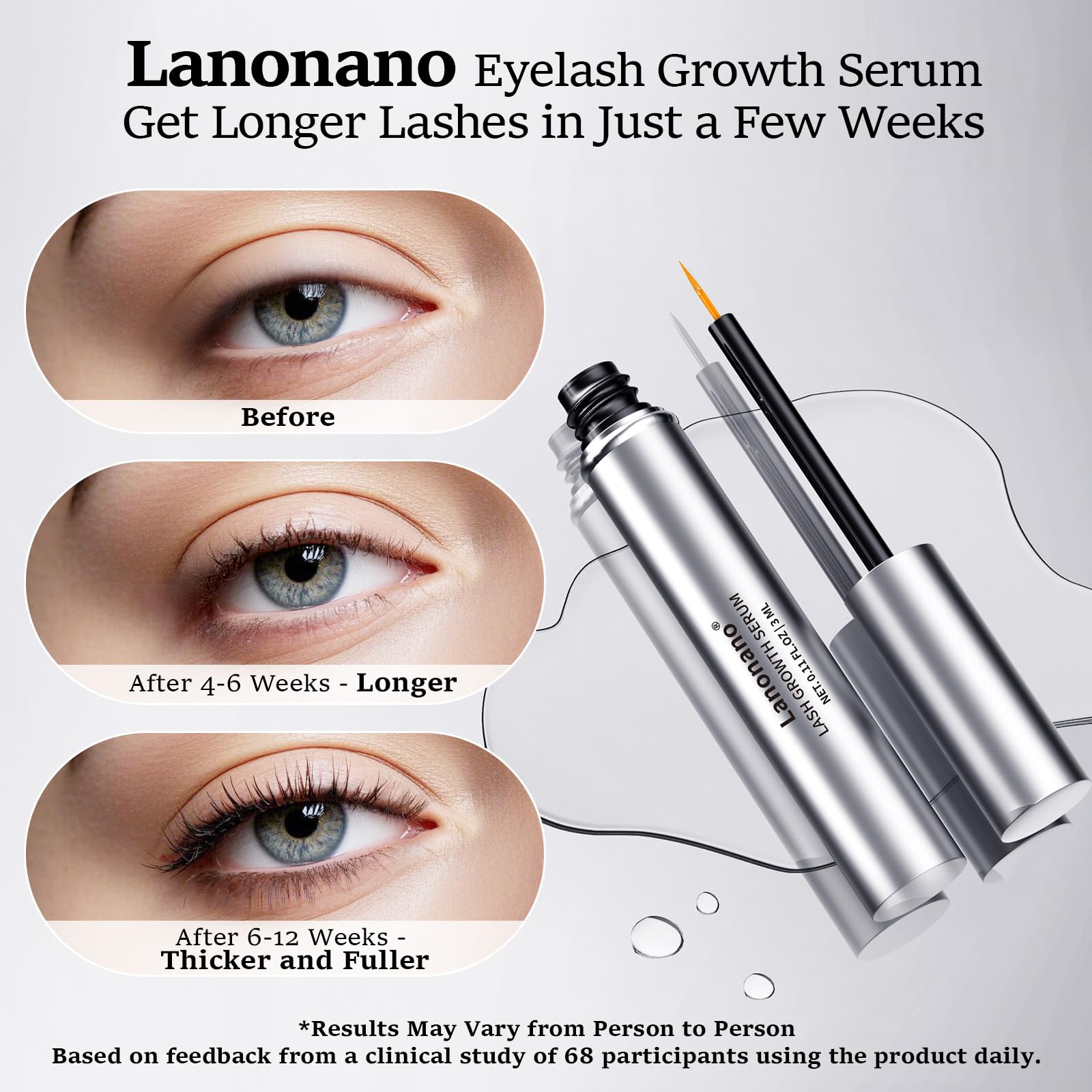 Lanonano Lash Serum – Fuller, Longer-Looking Lashes | Vegan & Cruelty-Free 0.1 Fl Oz (3ml)