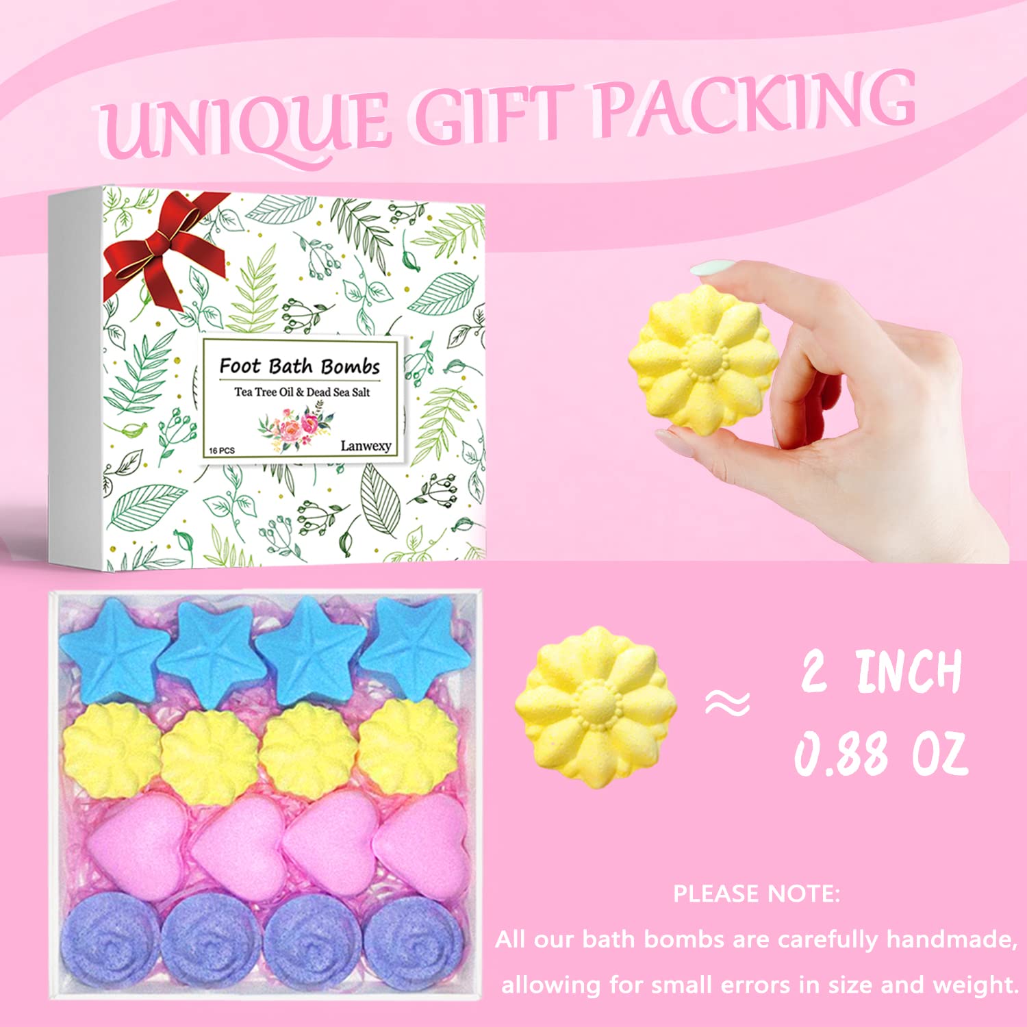 Lanwexy 32-Pack Bath Bombs for Foot Soak | Organic Handmade with Tea Tree Oil