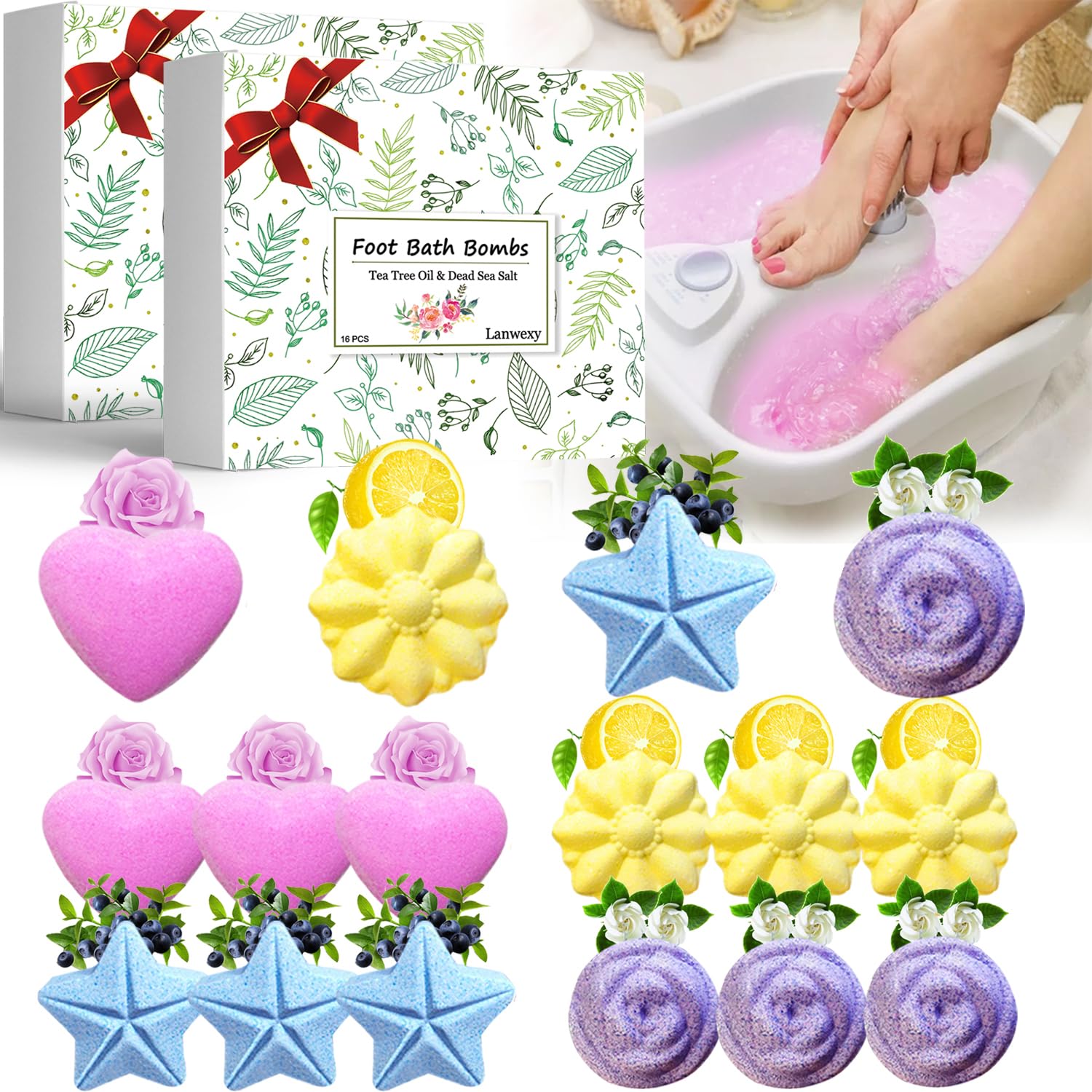 Lanwexy 32-Pack Bath Bombs for Foot Soak | Organic Handmade with Tea Tree Oil