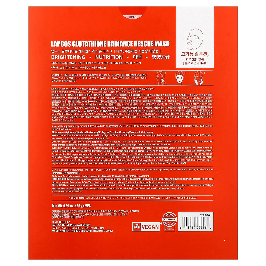 LAPCOS Glutathione Radiance Rescue Mask - Hydrating K-Beauty Sheet Mask with Niacinamide & Peptides