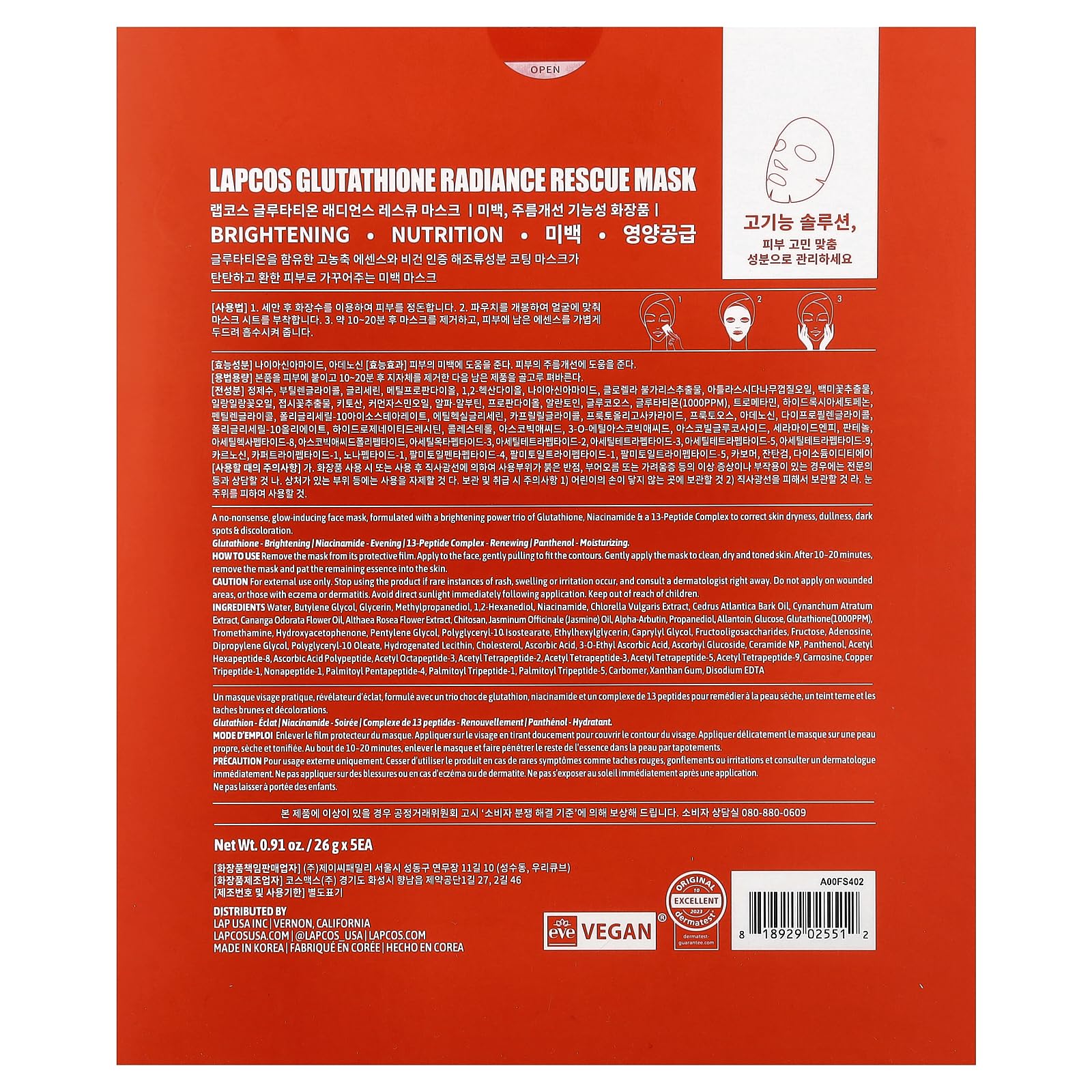 LAPCOS Glutathione Radiance Rescue Mask - Hydrating K-Beauty Sheet Mask with Niacinamide & Peptides